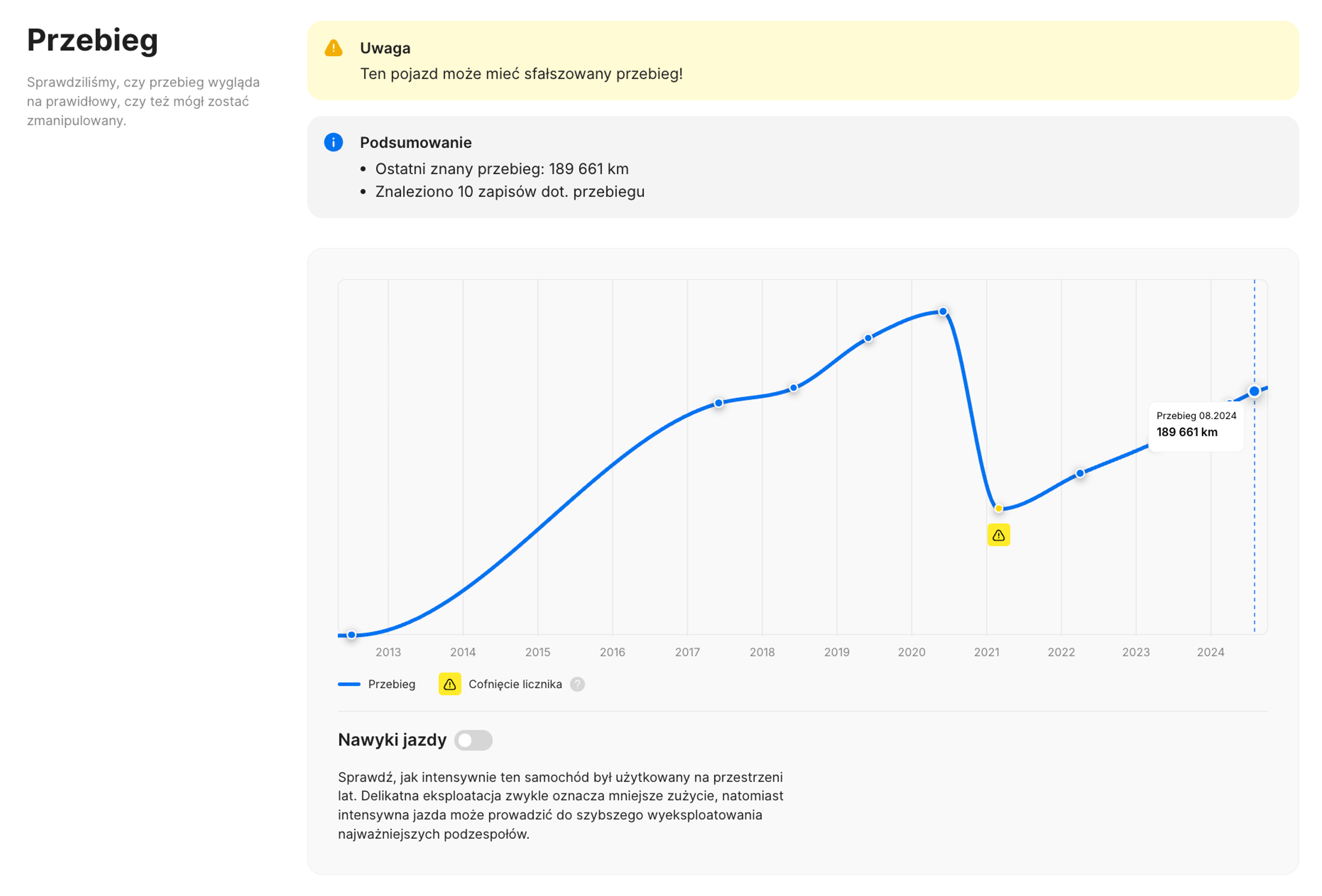 Cofnięty przebieg widoczny w sekcji „Przebiegu” raportu carVertical