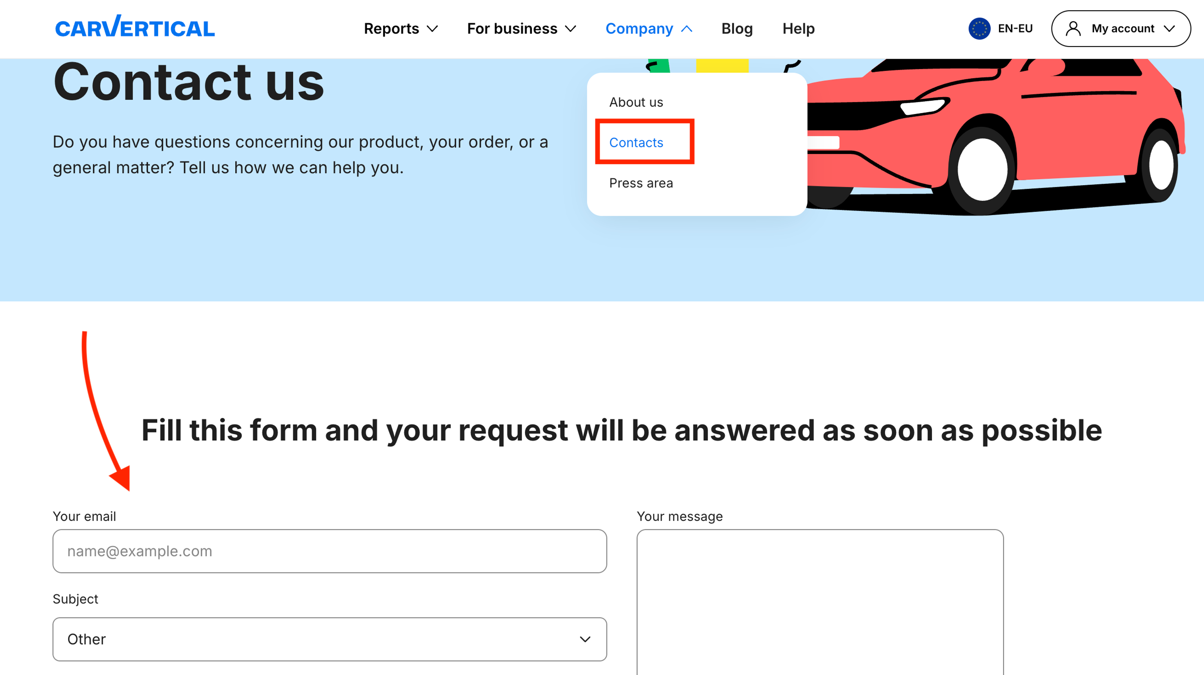 contacts form in carVertical
