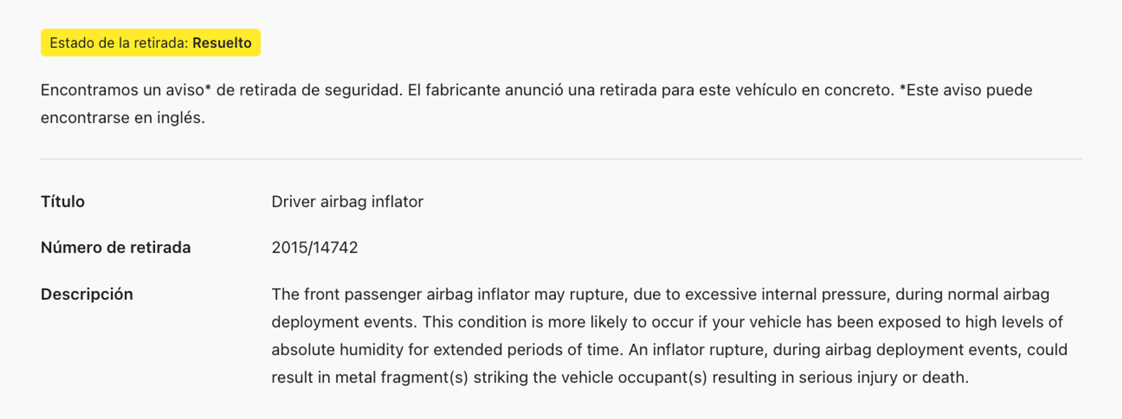 Descripción completa del retiro del mercado de automóviles