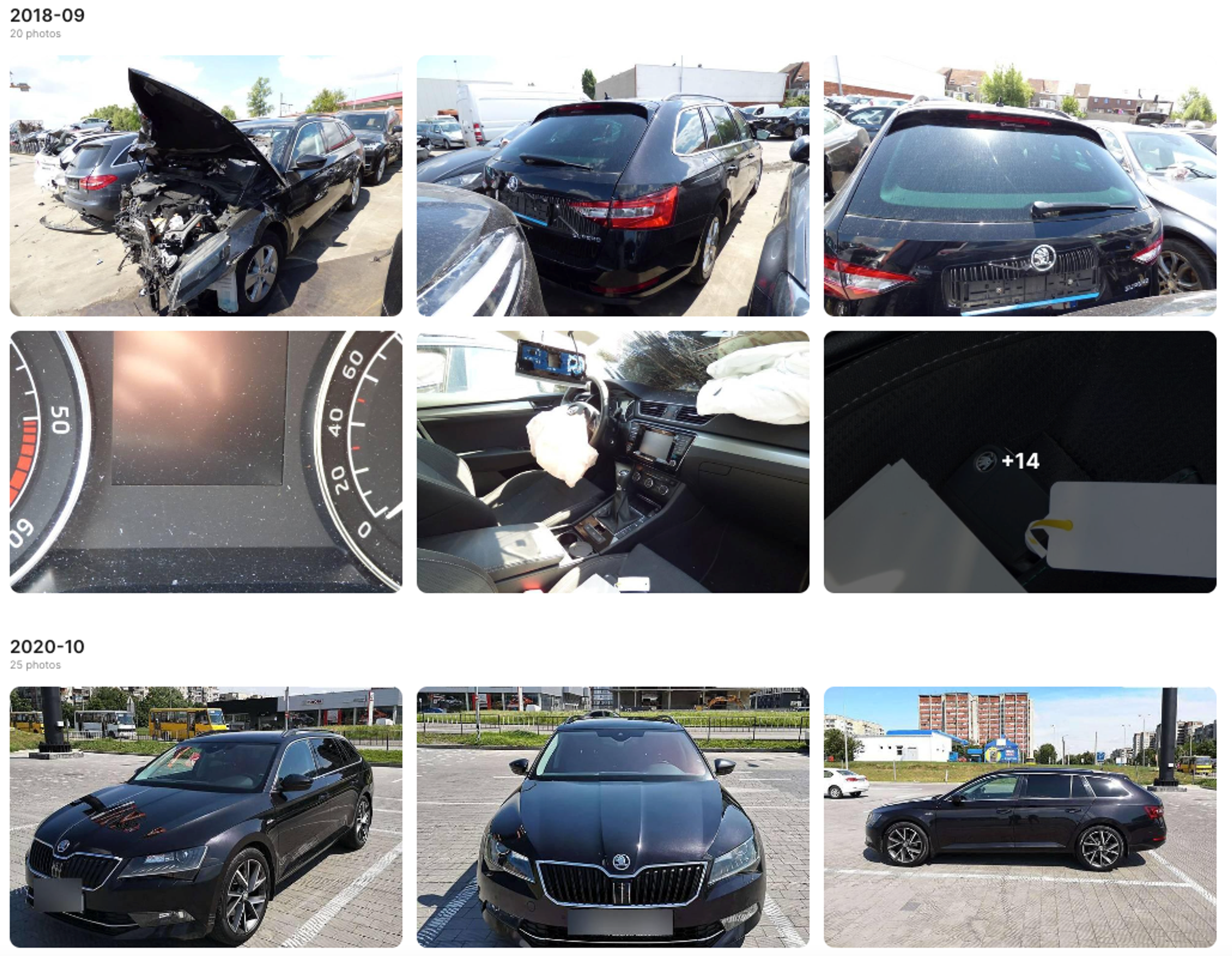 Fotografii cu o Skoda Superb neagră înainte și după reparații