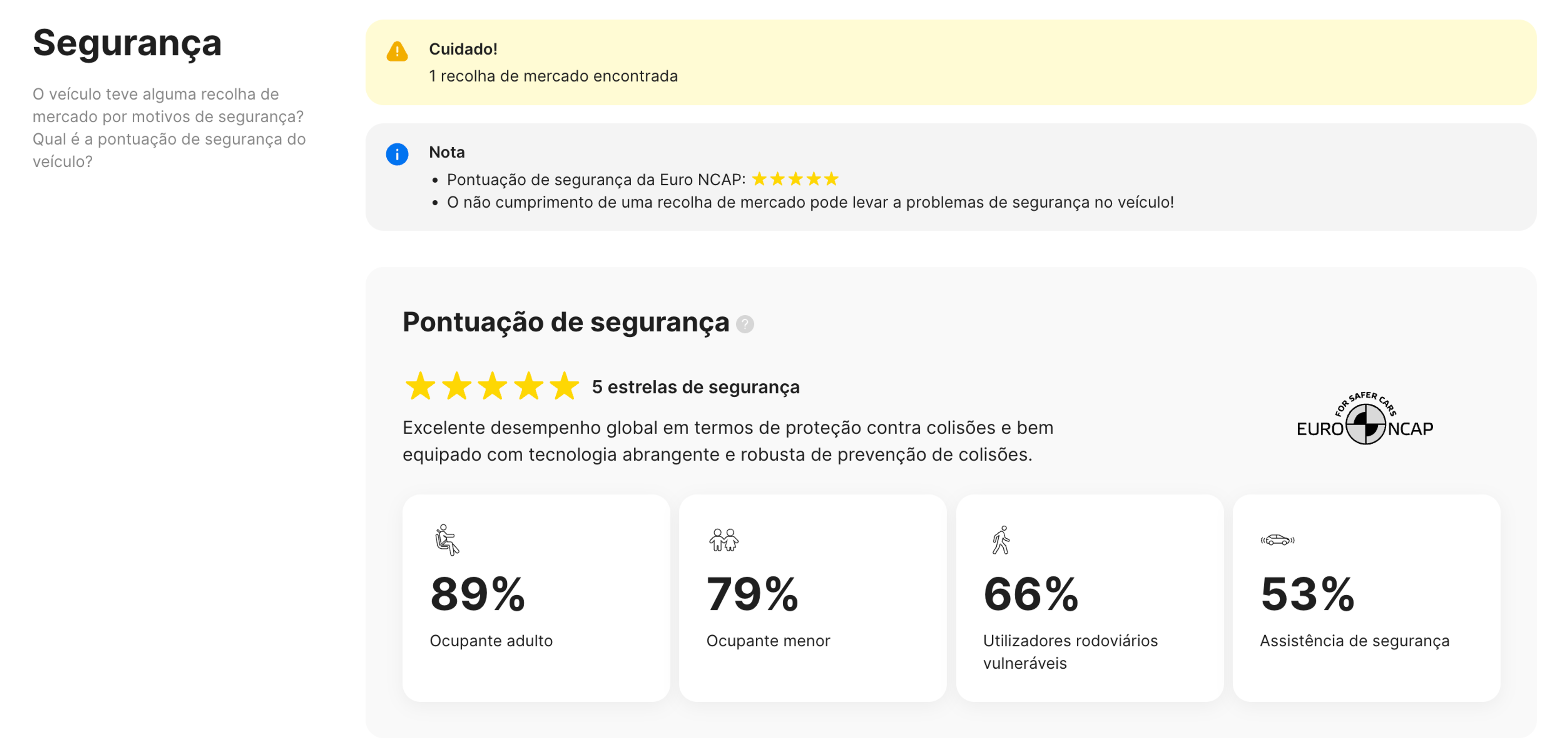 Classificações de segurança no relatório carVertical