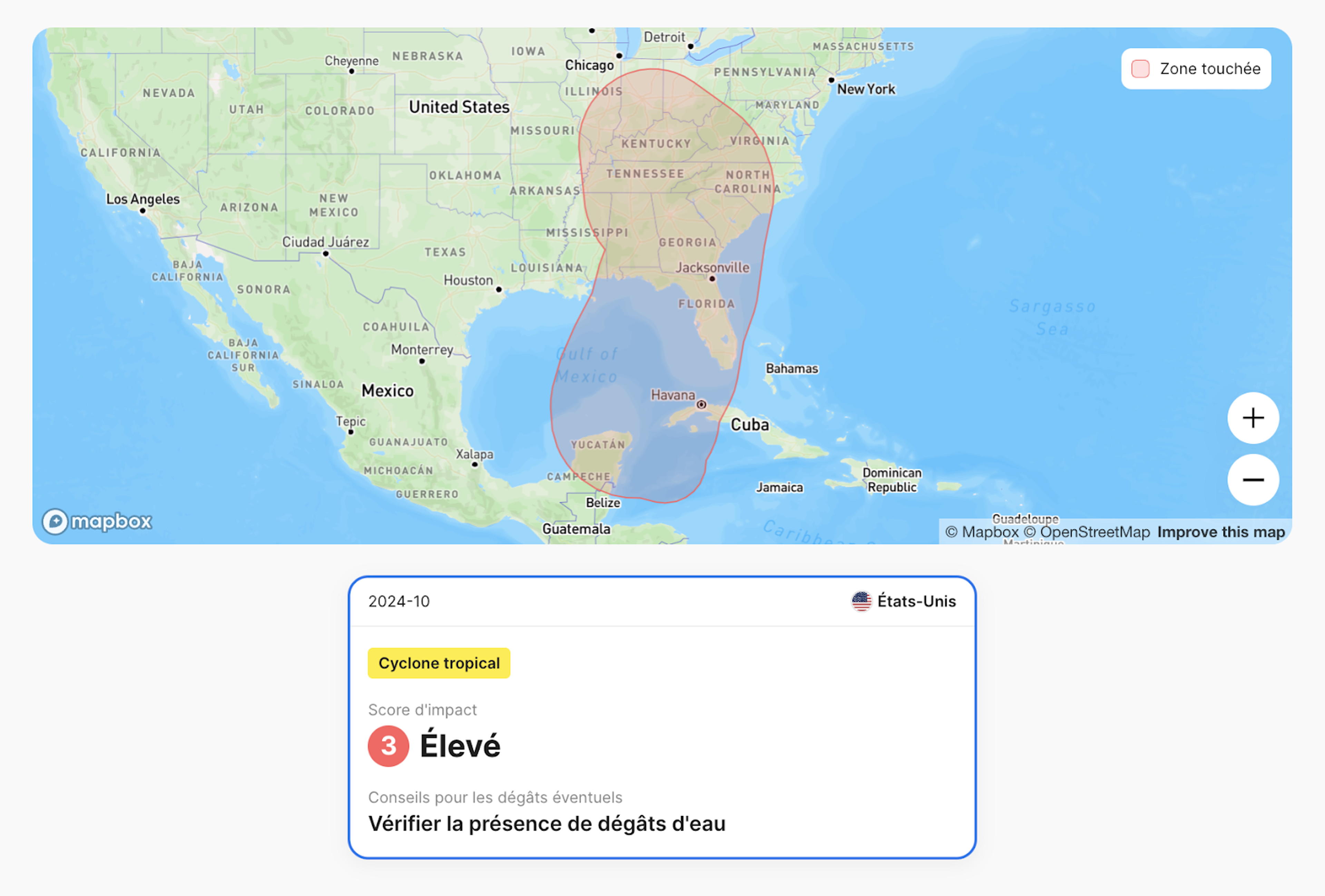 Une entrée d’un rapport d'historique de véhicule de carVertical montrant un cyclone tropical
