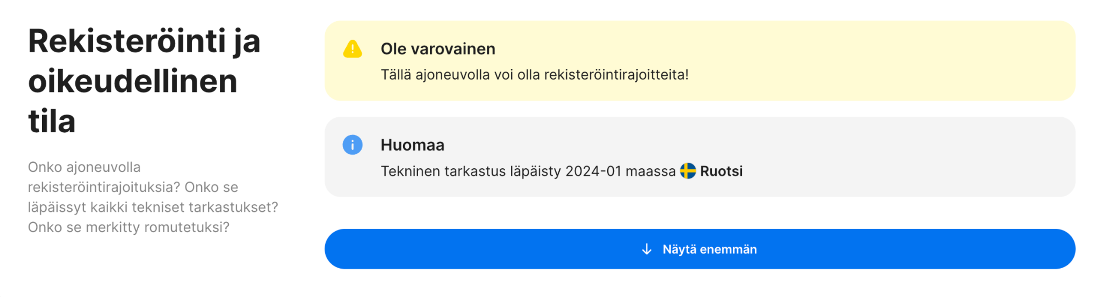 rekisteröinti ja oikeudellinen asema -osio carVertical-raportissa