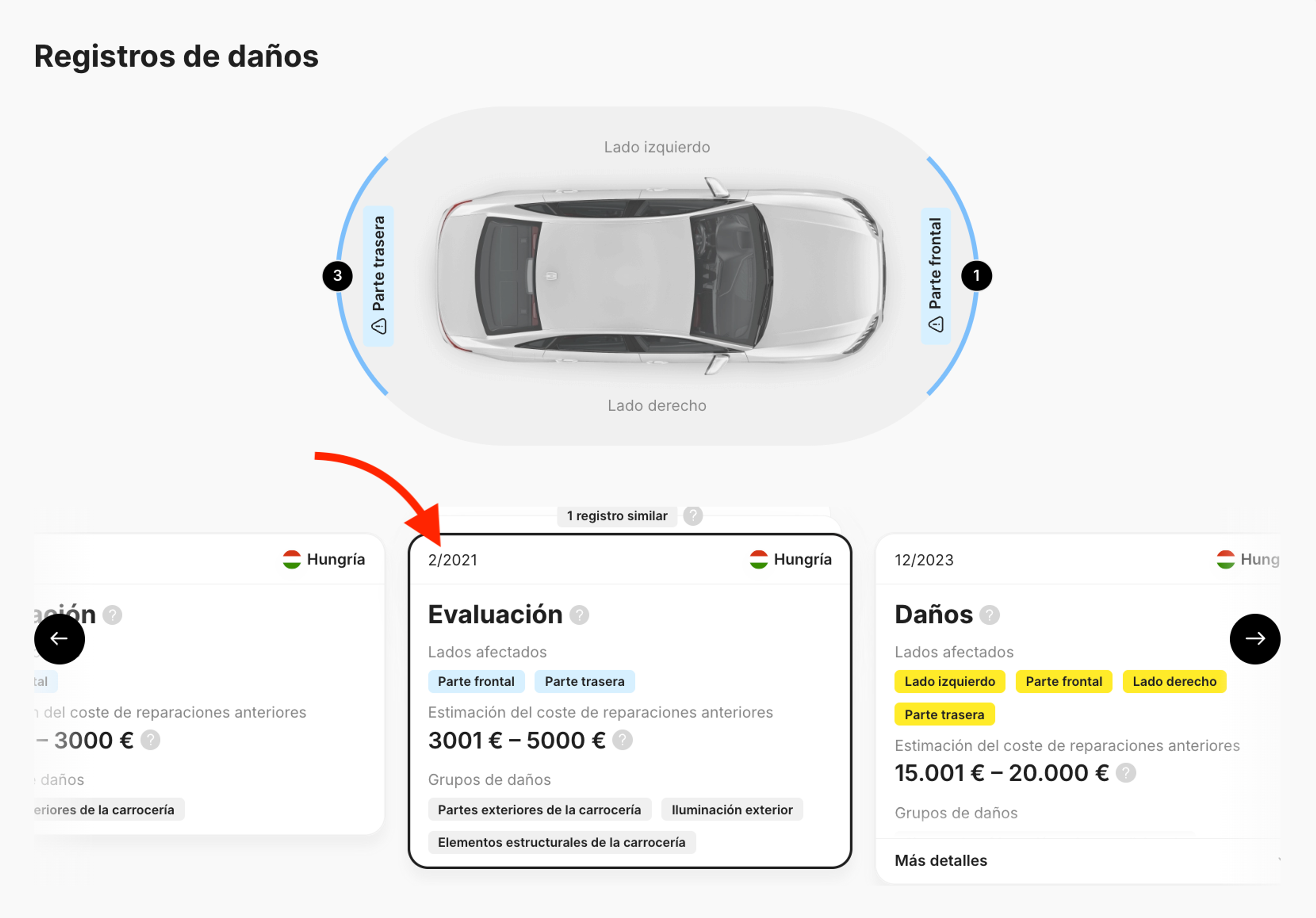 Tarjetas de Daños y Evaluación en el informe de carVertical