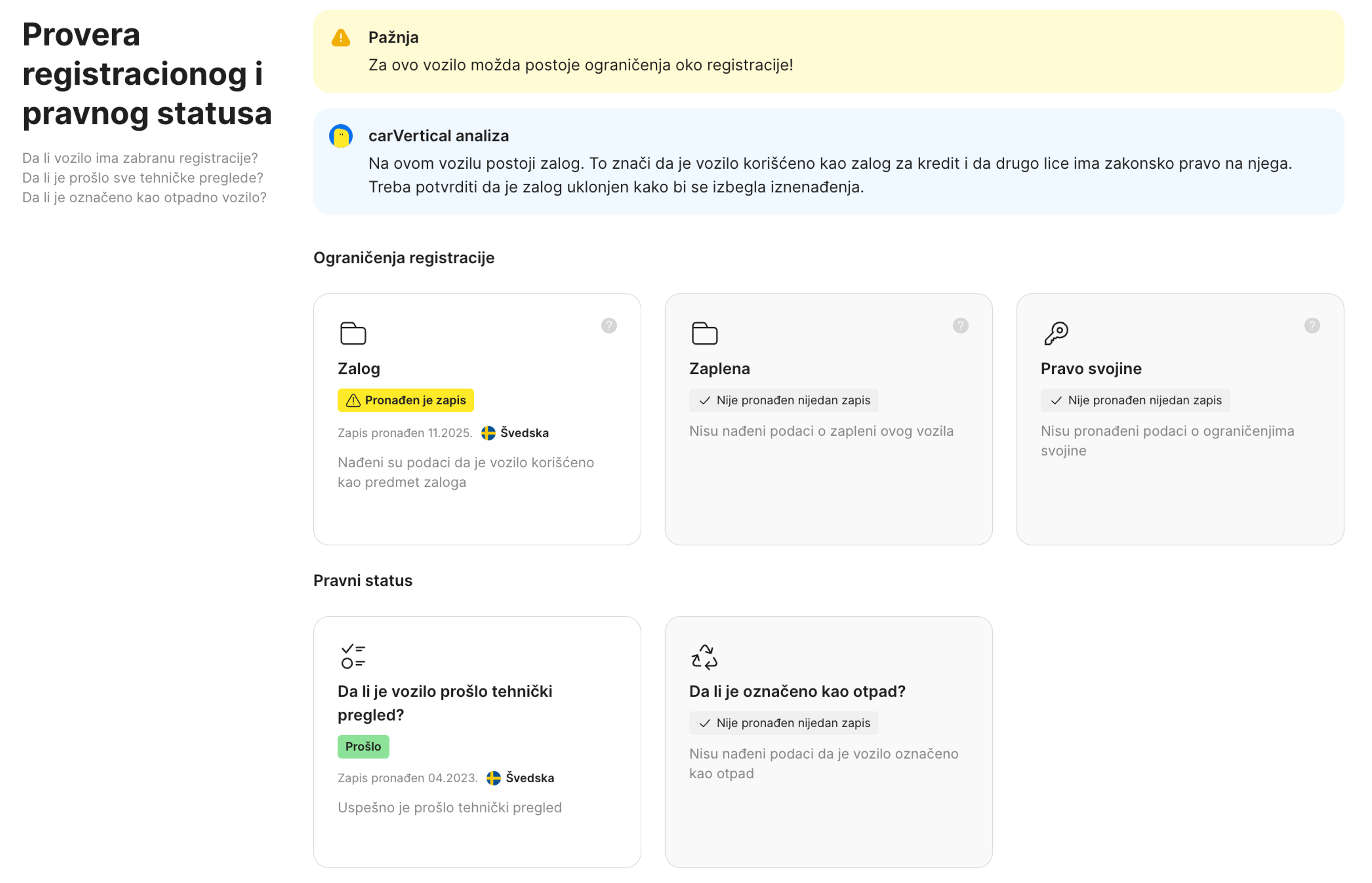 Funkcija registracionog i pravnog statusa u carVertical izveštaju