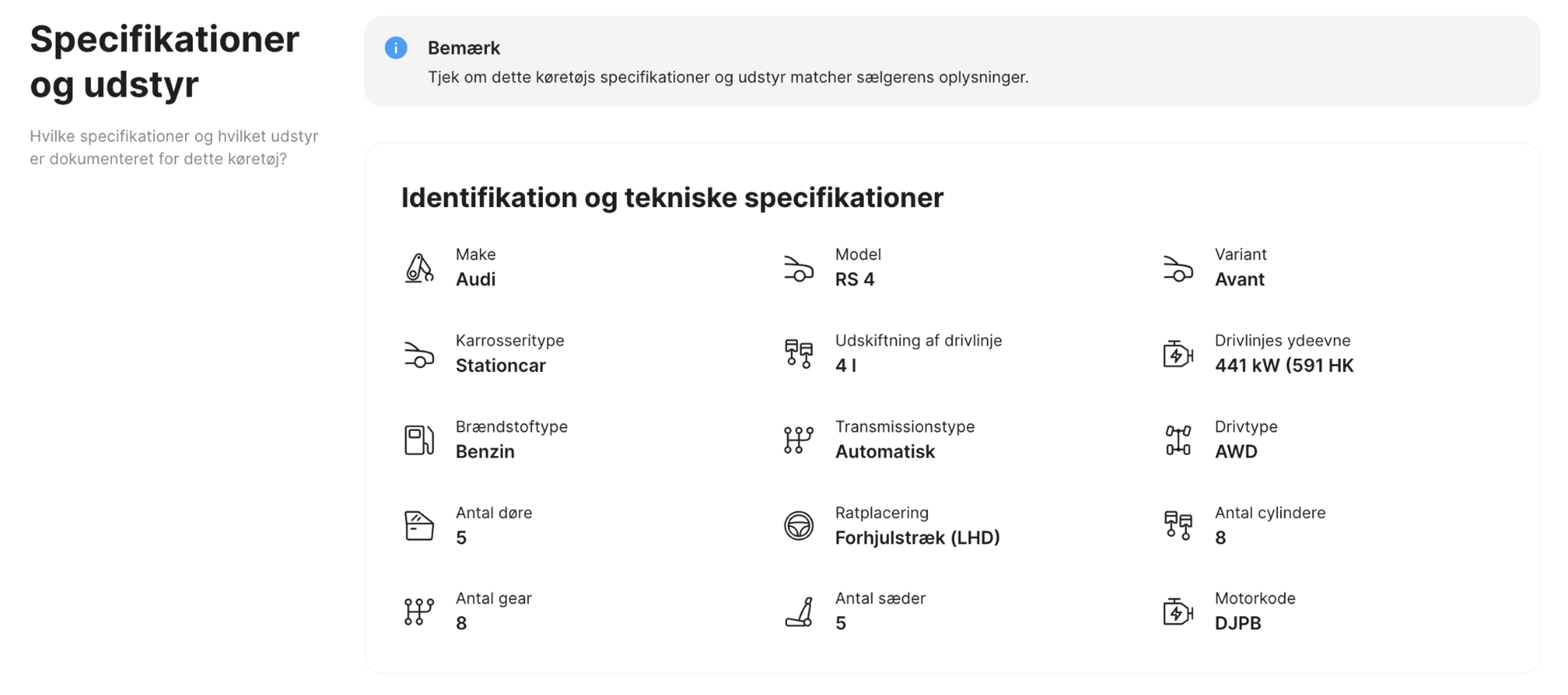 Specifikationer og udstyrssektion i carVertical rapport