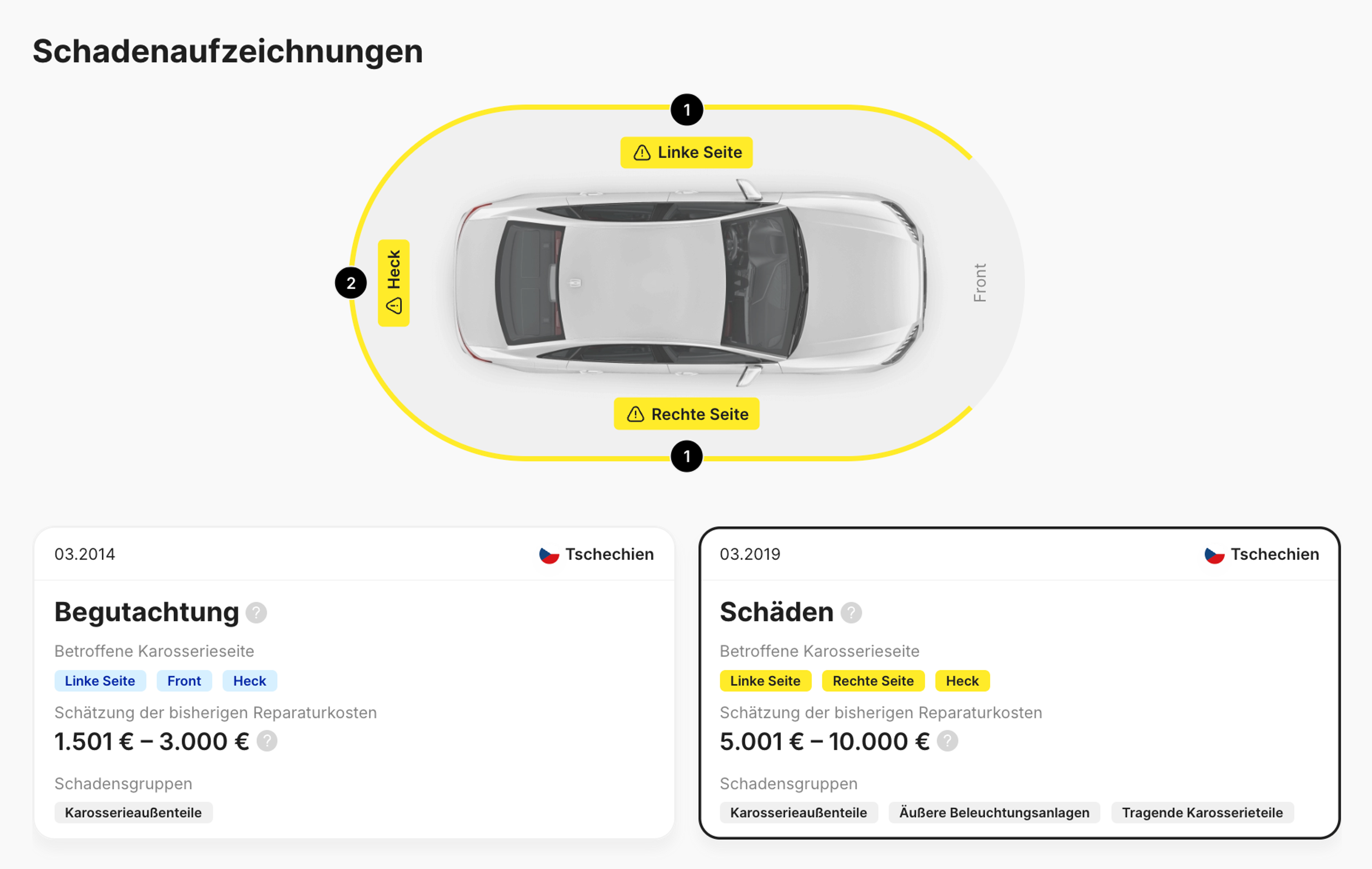 Schadensaufzeichungen im Bericht zur Fahrzeughistorie