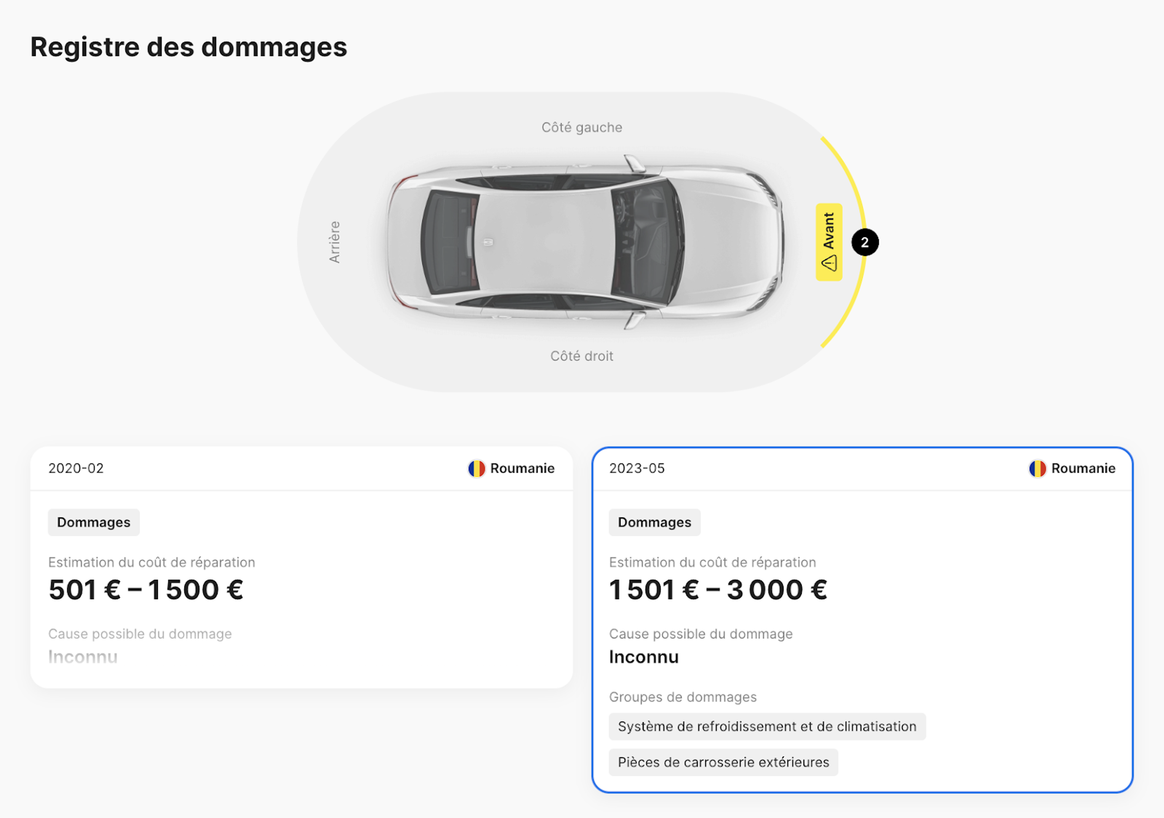 Registres des dommages indiquant deux incidents avec des coûts de réparation compris entre 501 et 3 000 euros.