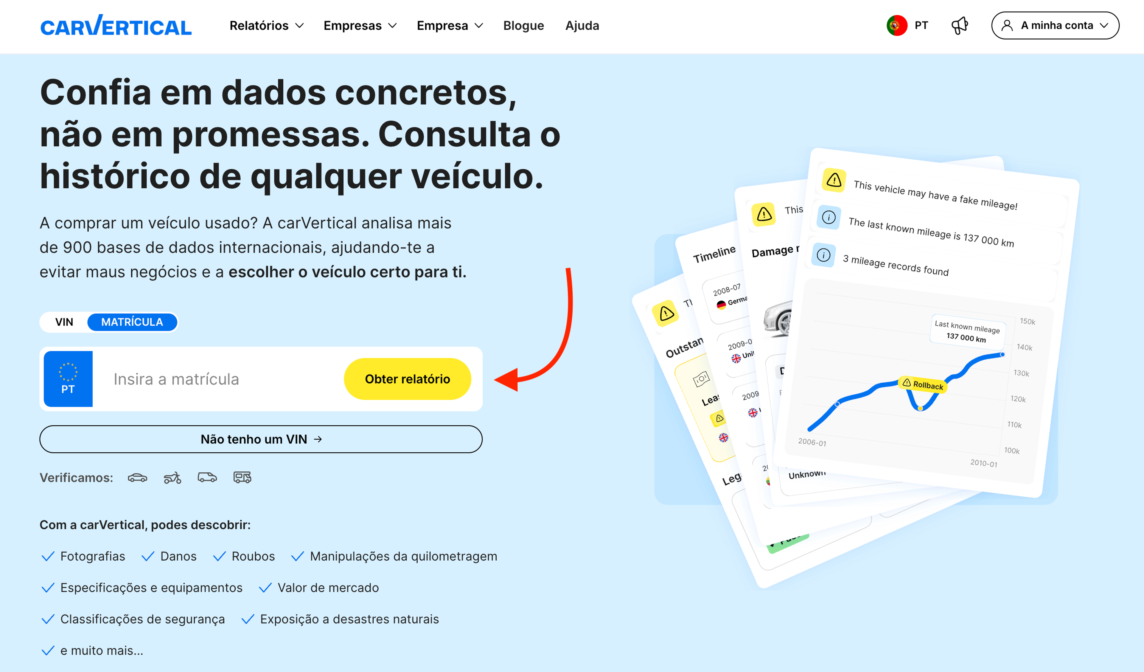 Campo para introduzir a matrícula ou o VIN na página inicial da carVertical