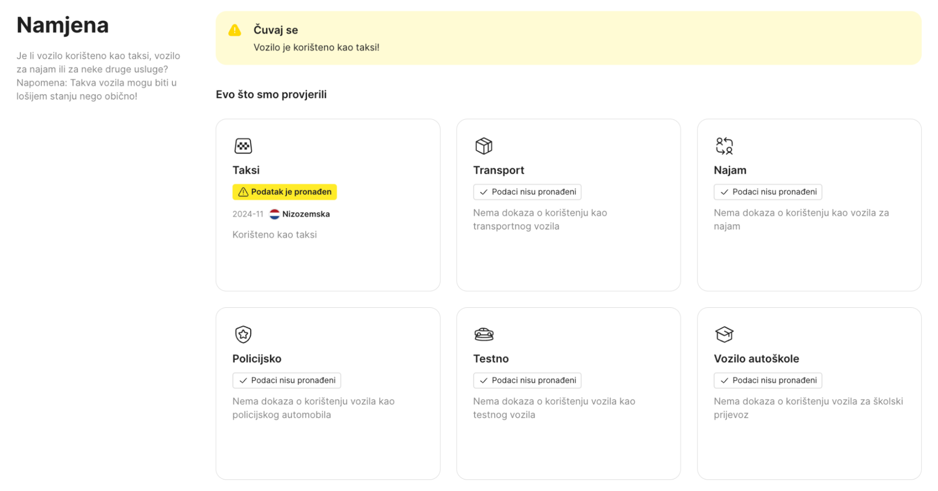 Zapis koji pokazuje da je automobil korišten kao taksi