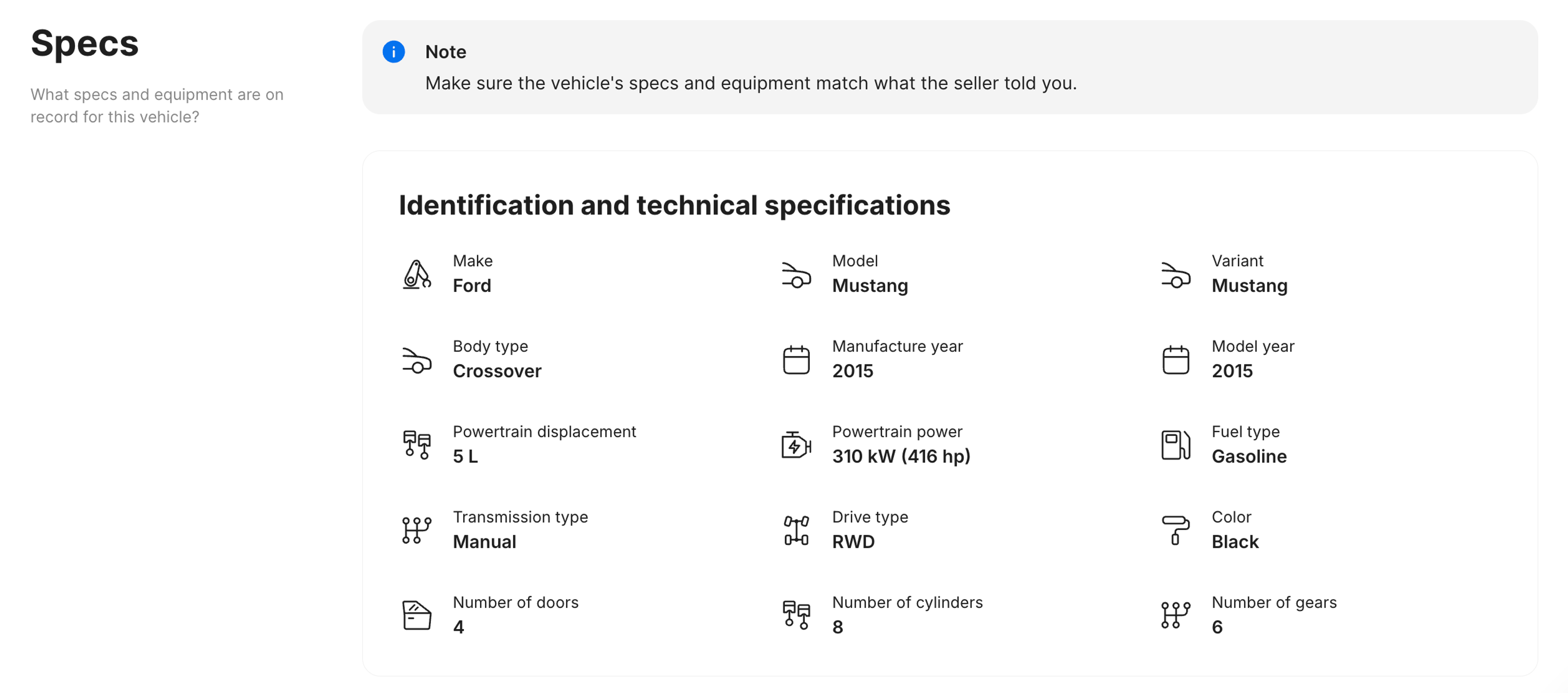 Original vehicle specifications in the report