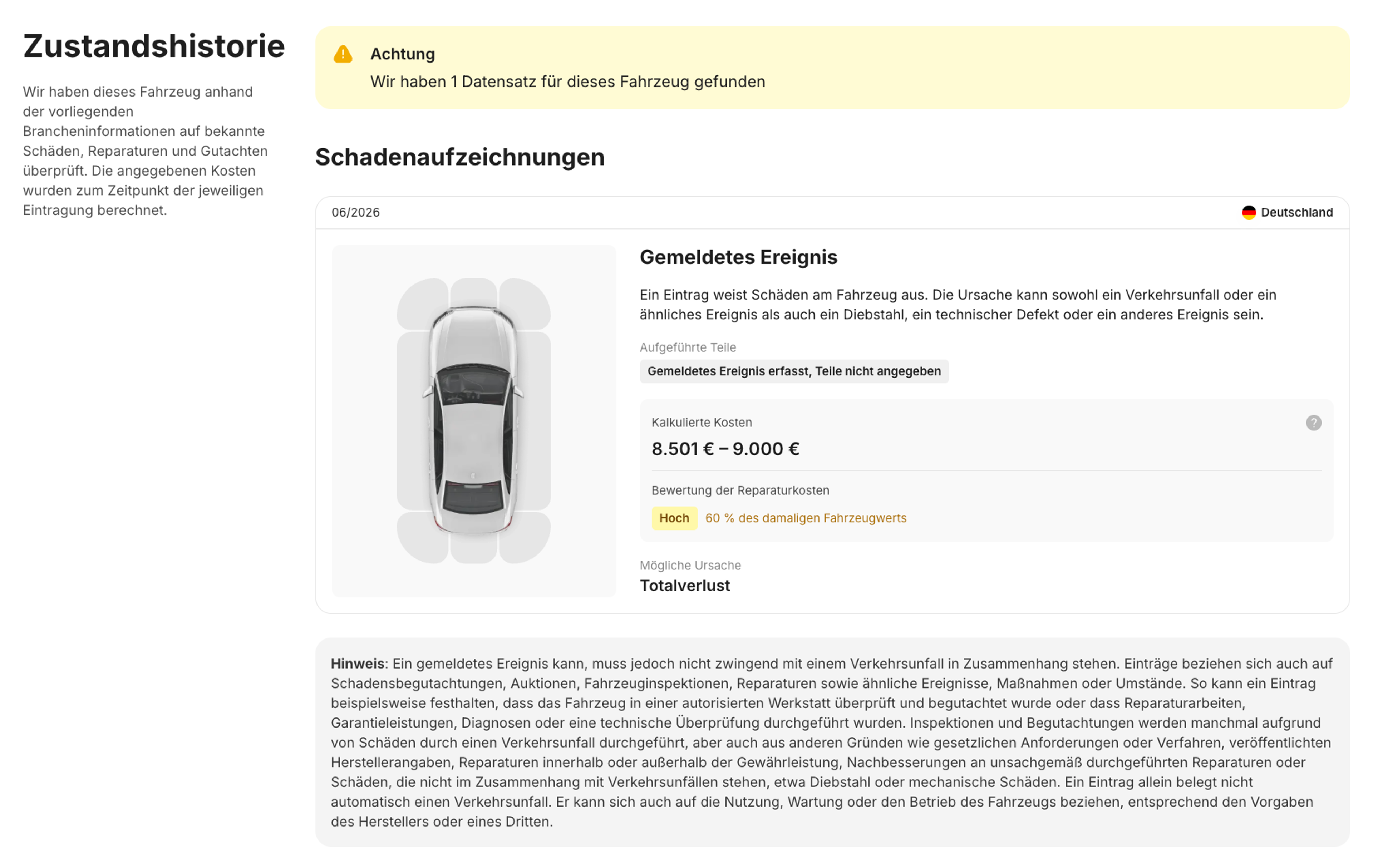 Schadensaufzeichnungen im carVertical-Bericht