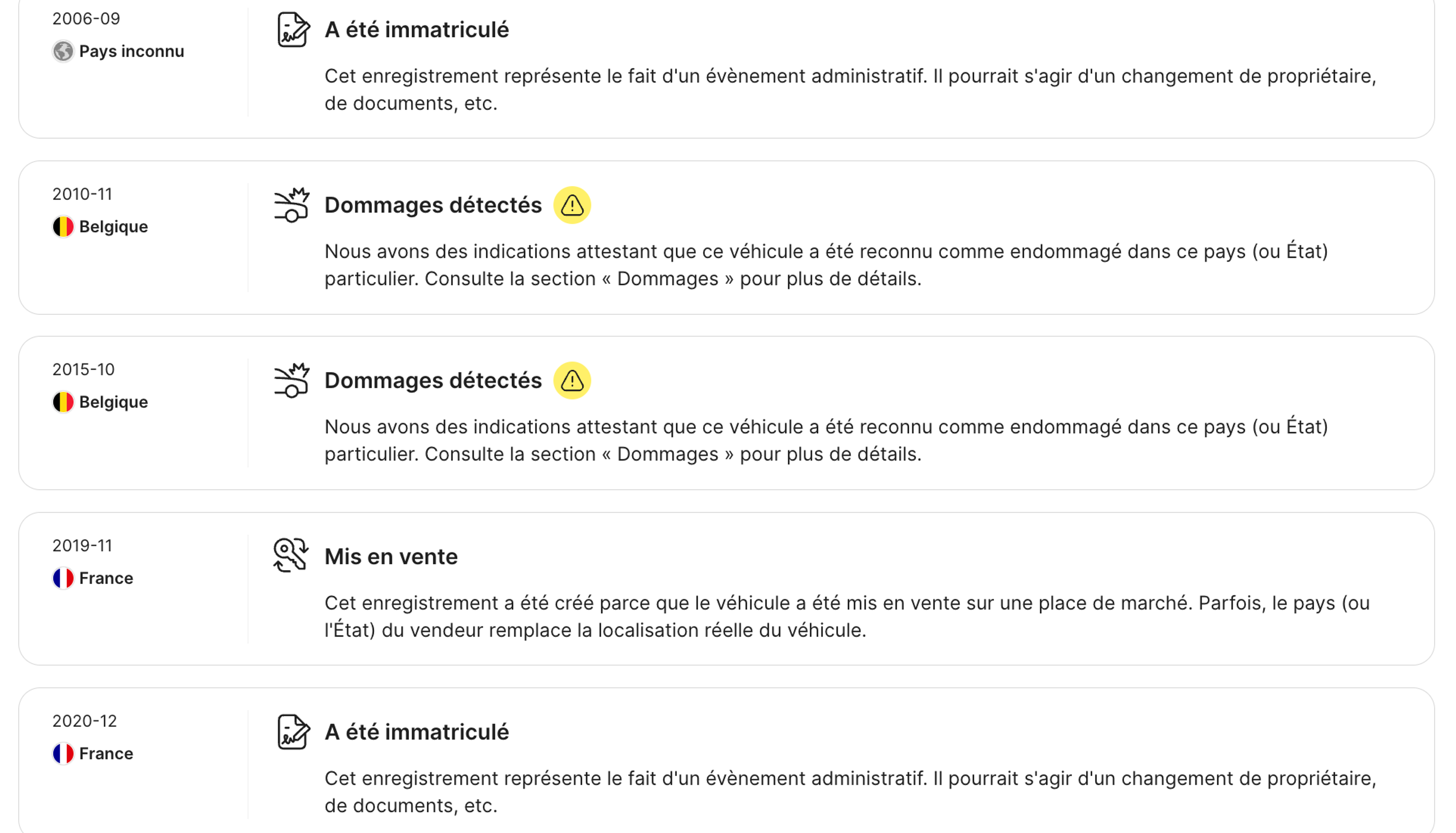 Changements fréquents de propriétaire dans la section Chronologie d’un rapport carVertical