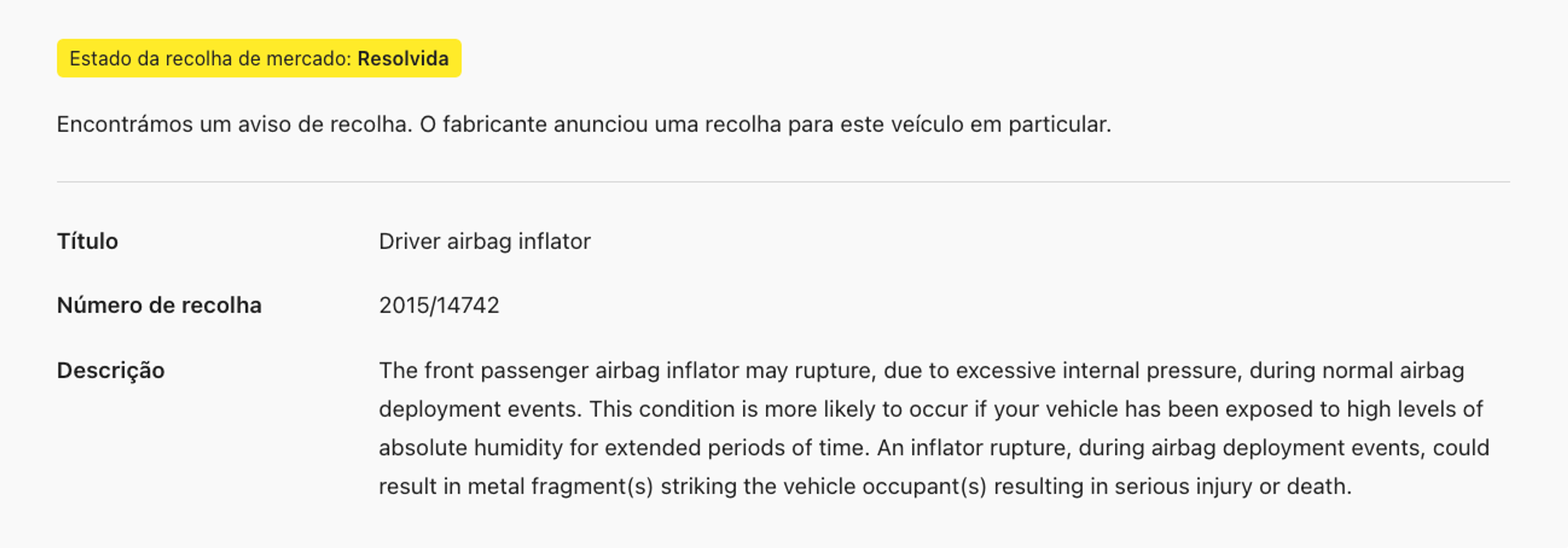 Descrição abrangente do recall do automóvel