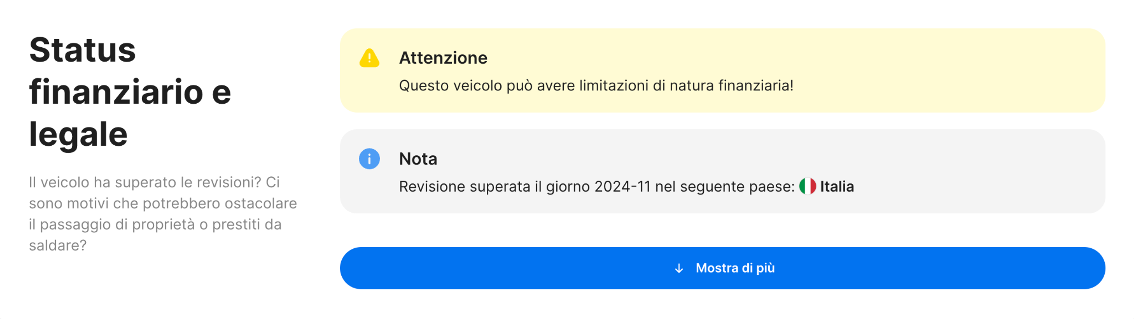 funzionalità di stato finanziario e legale nel report carVertical
