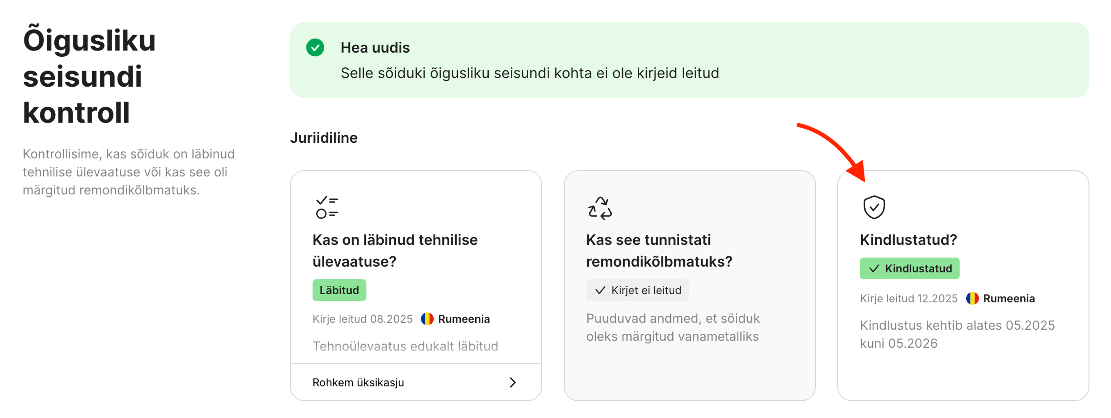 Kindlustuse kaart õigusliku seisundi kontrolli jaotises