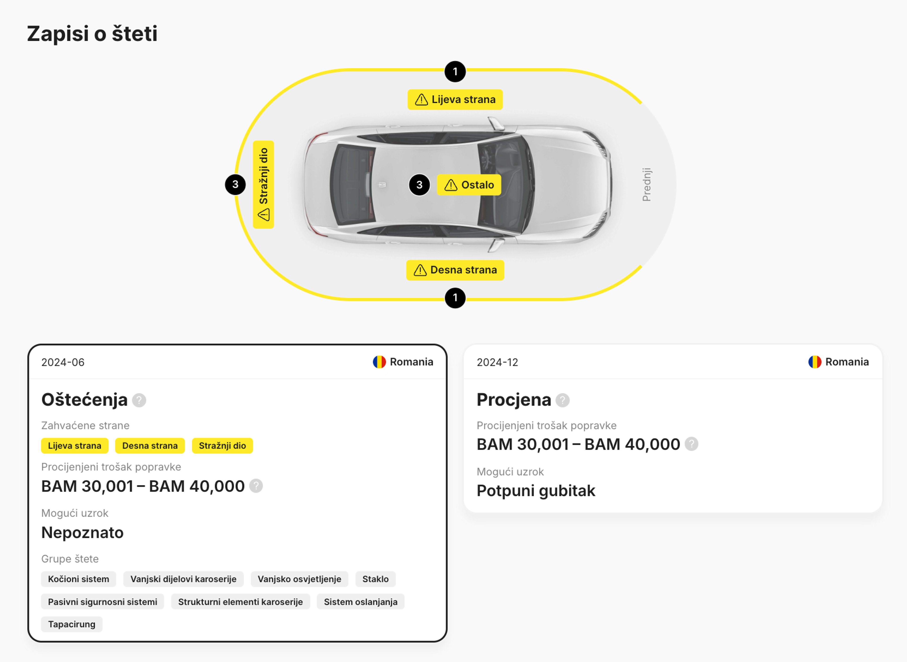 Evidencija oštećenja u carVertical izvještaju