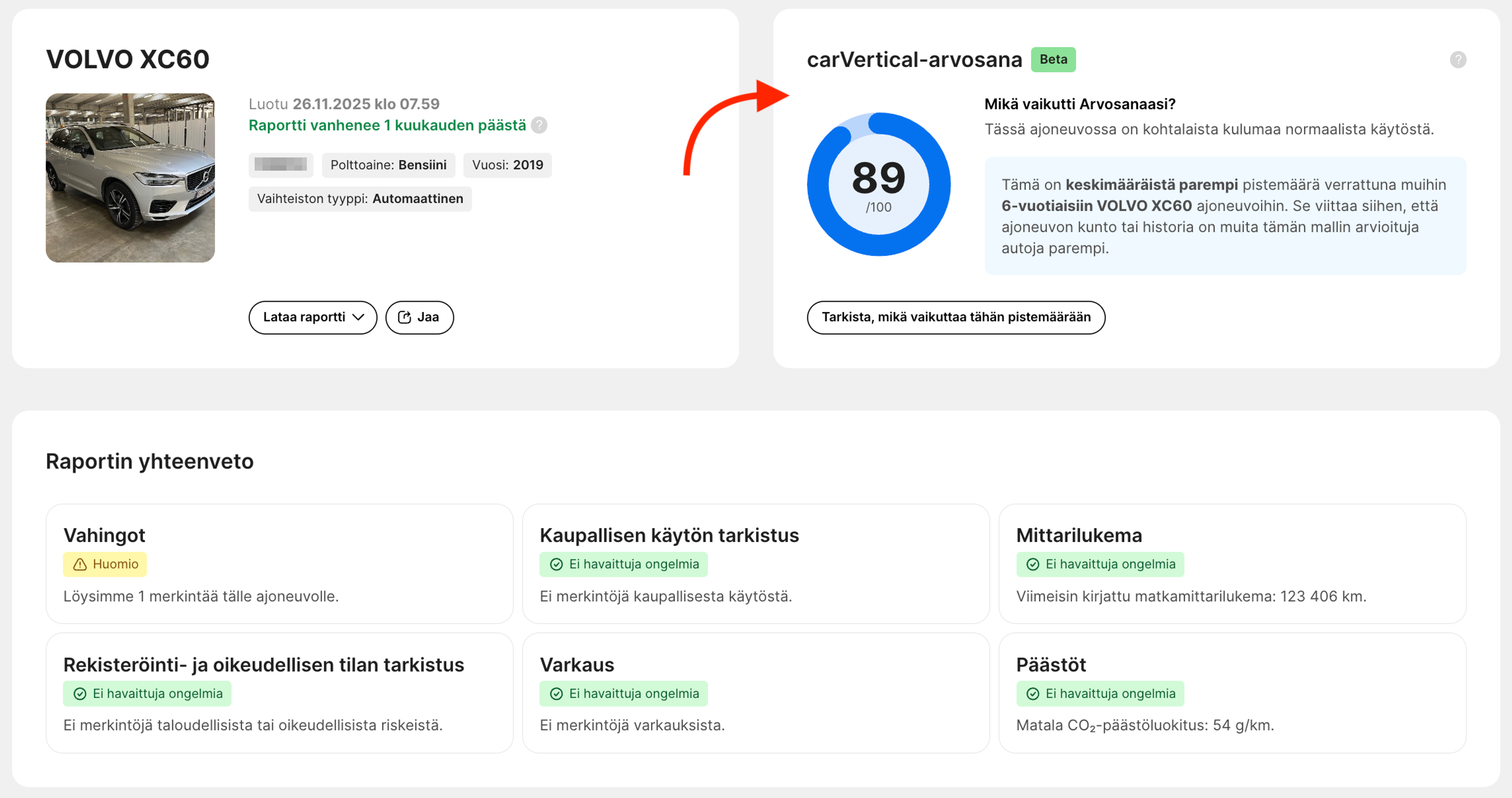 Ote ajoneuvohistoriaraportista, jossa näkyy carVertical-arvosana