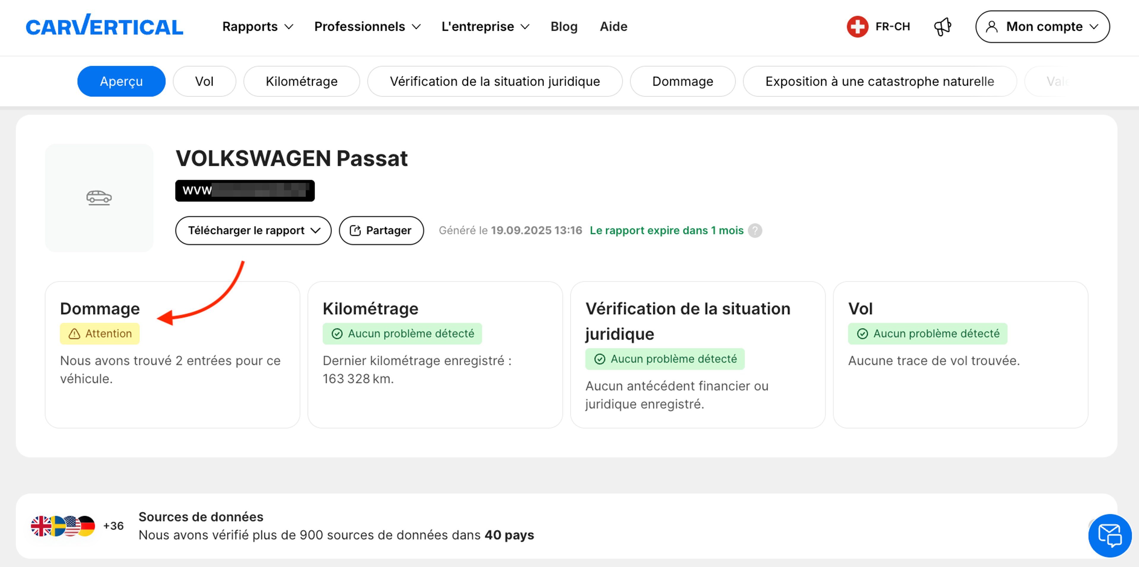 Alerte sur la présence de dommages dans un rapport carVertical