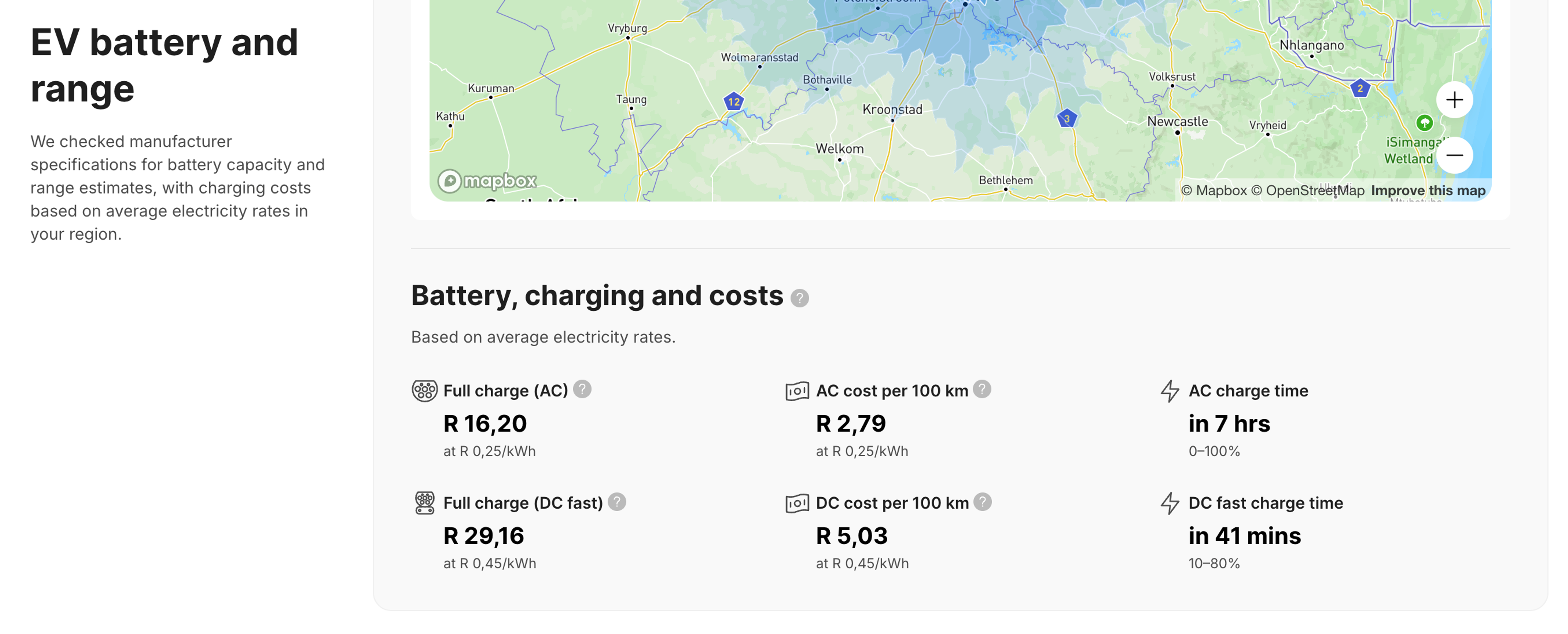 EV charging time and cost estimates in the vehicle report