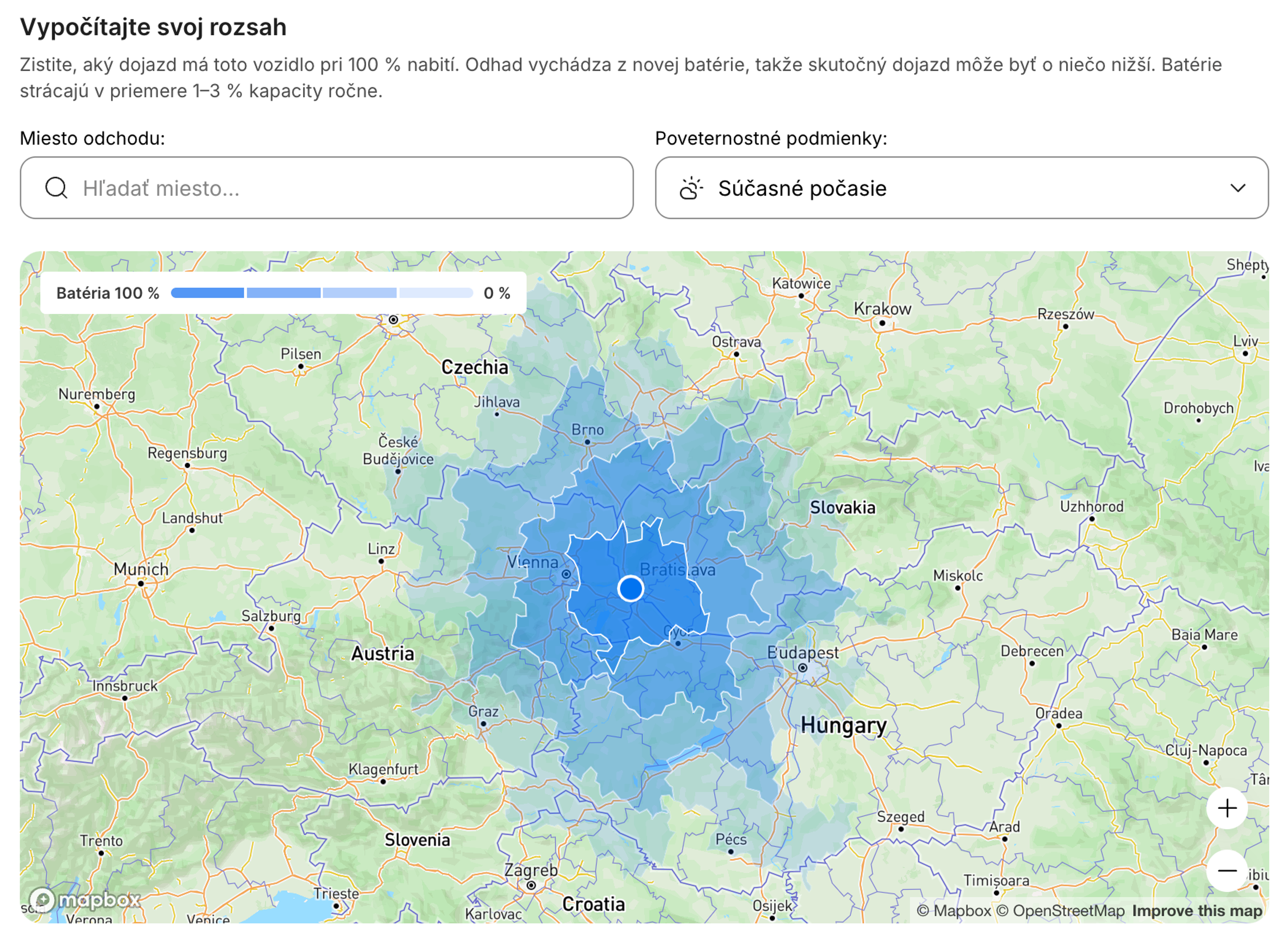 Interaktívna mapa dojazdu elektromobilu zobrazujúca odhadovanú vzdialenosť jazdy.