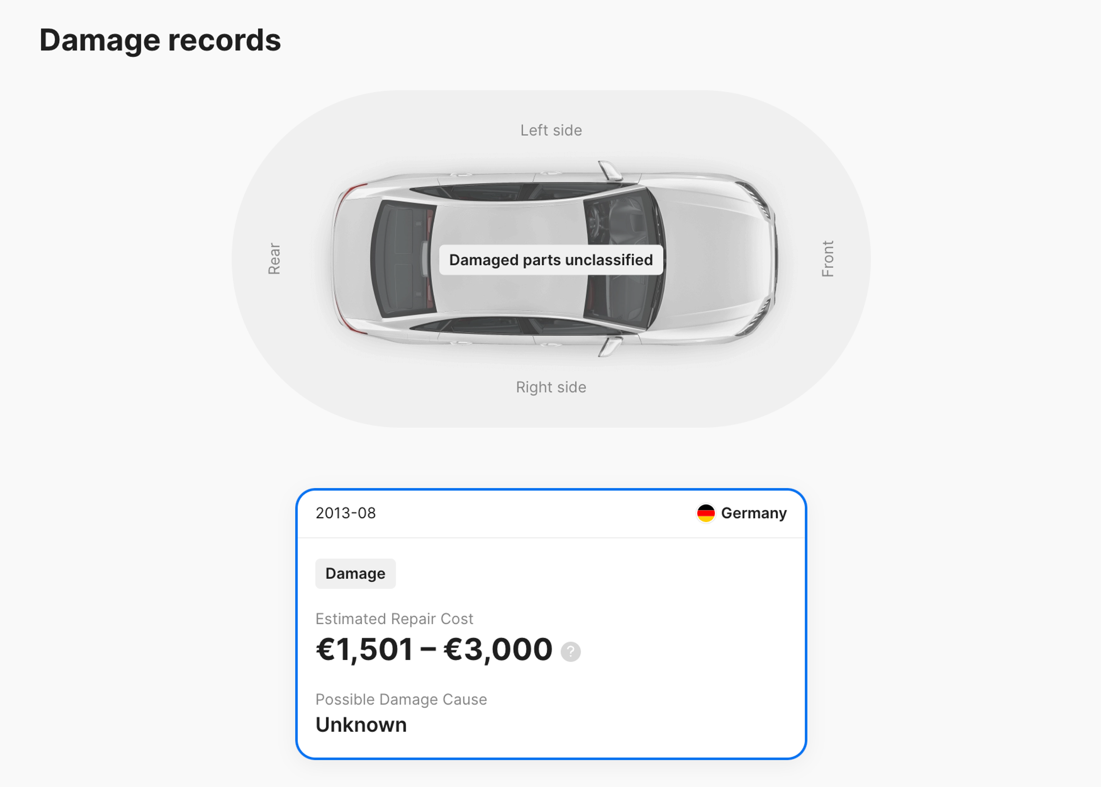 Damage report indicating an accident in 2013-08 with repair costs between €1,501 and €3,000.