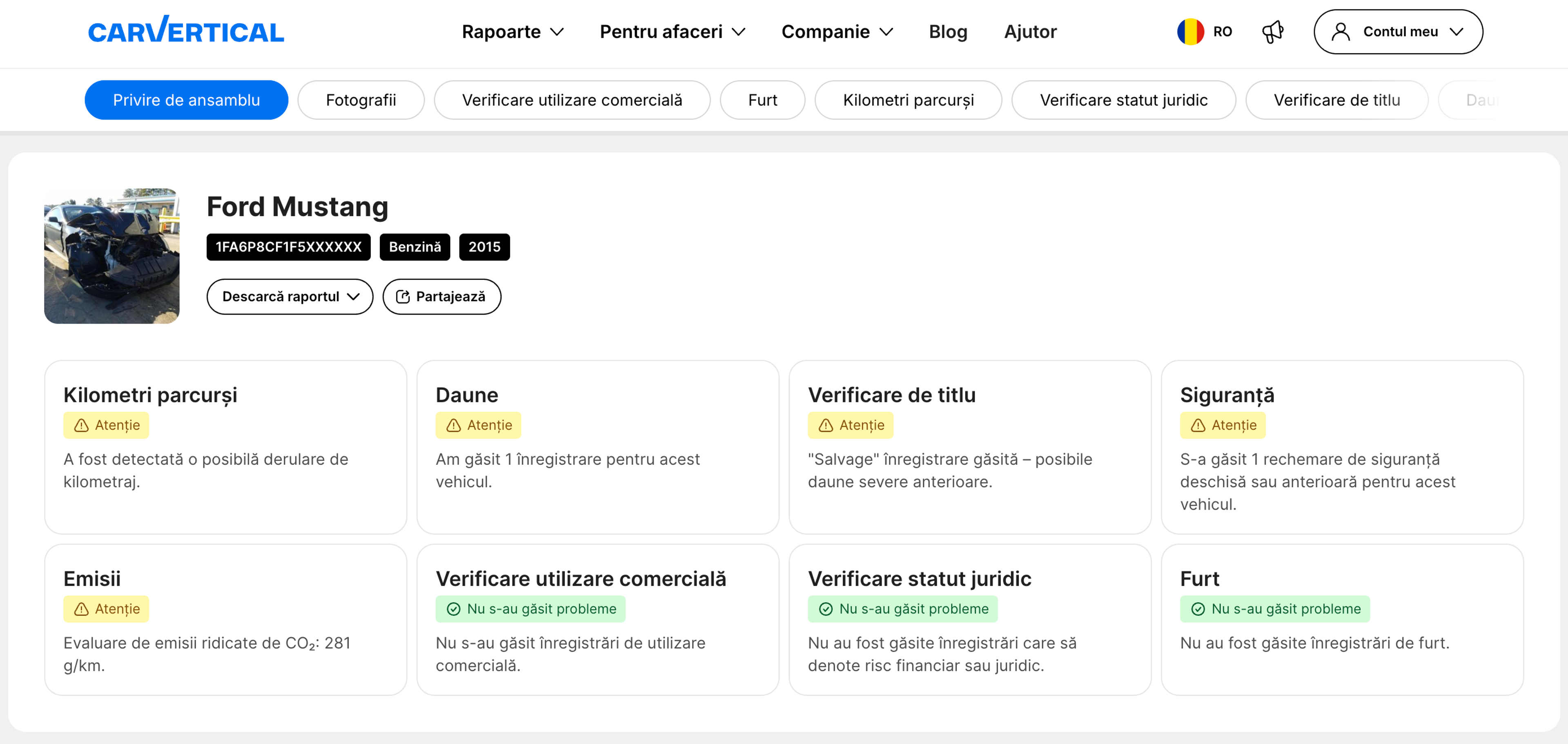Rezumatul conținutului raportului carVertical
