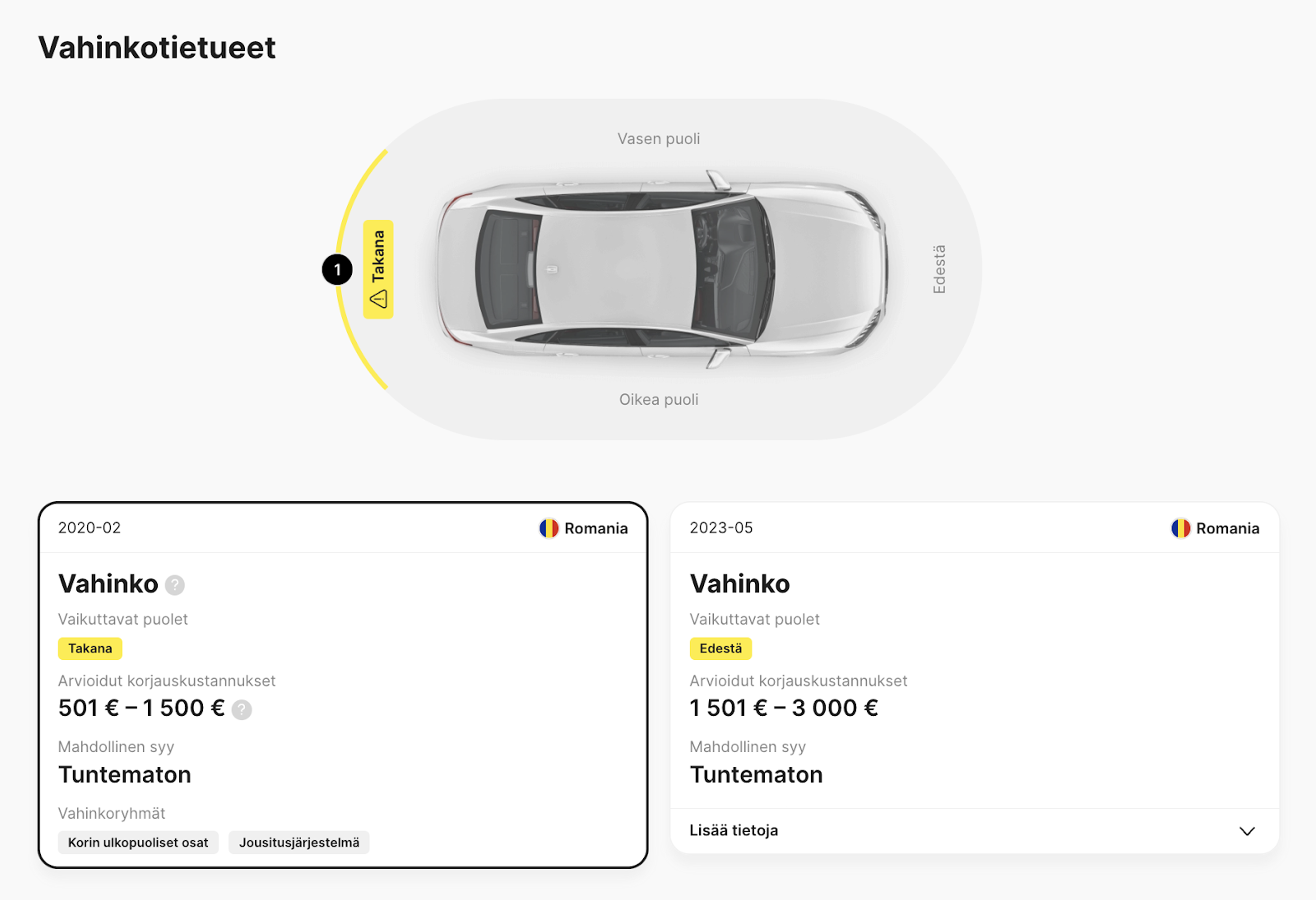 Vahinkotiedot, joissa näkyy kaksi vahinkotapahtumaa