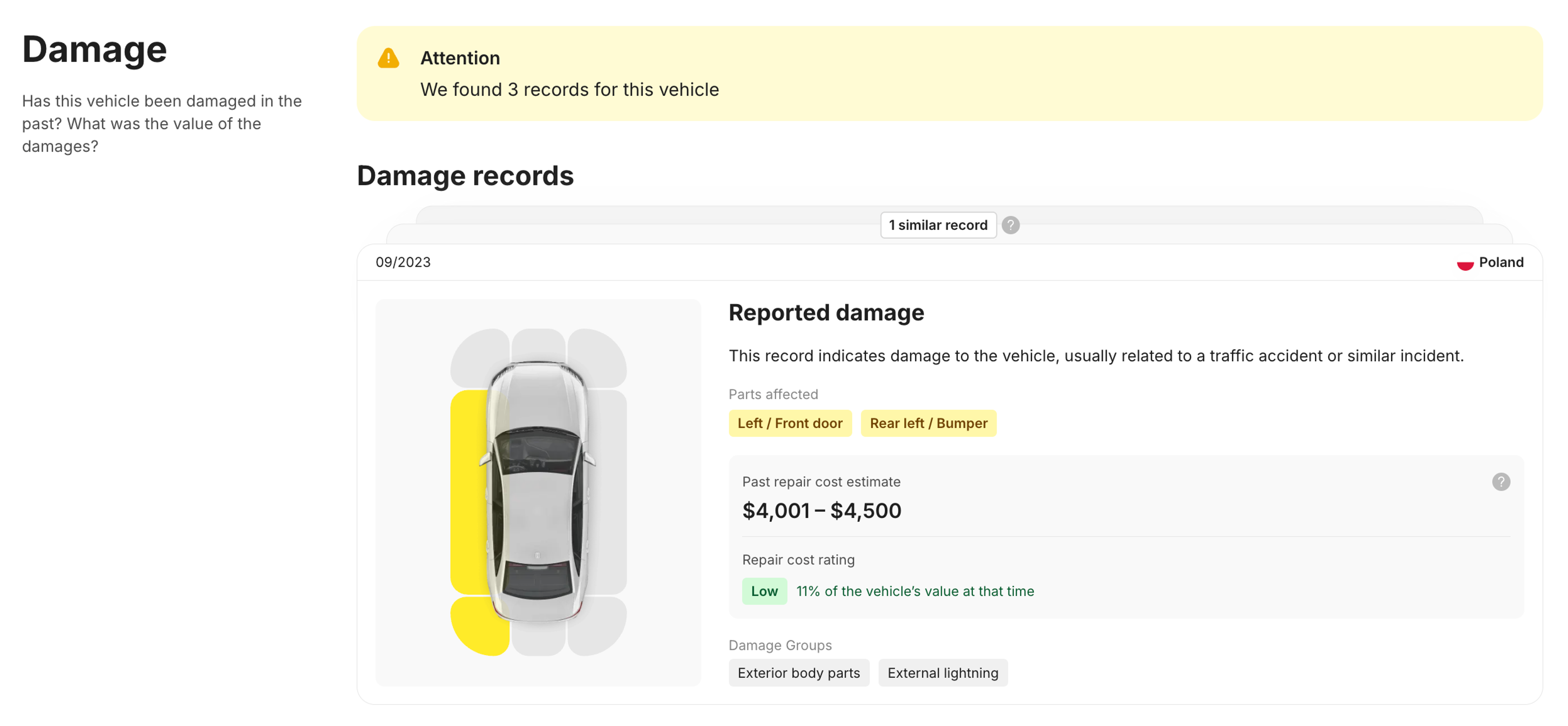 damage section in carVertical report