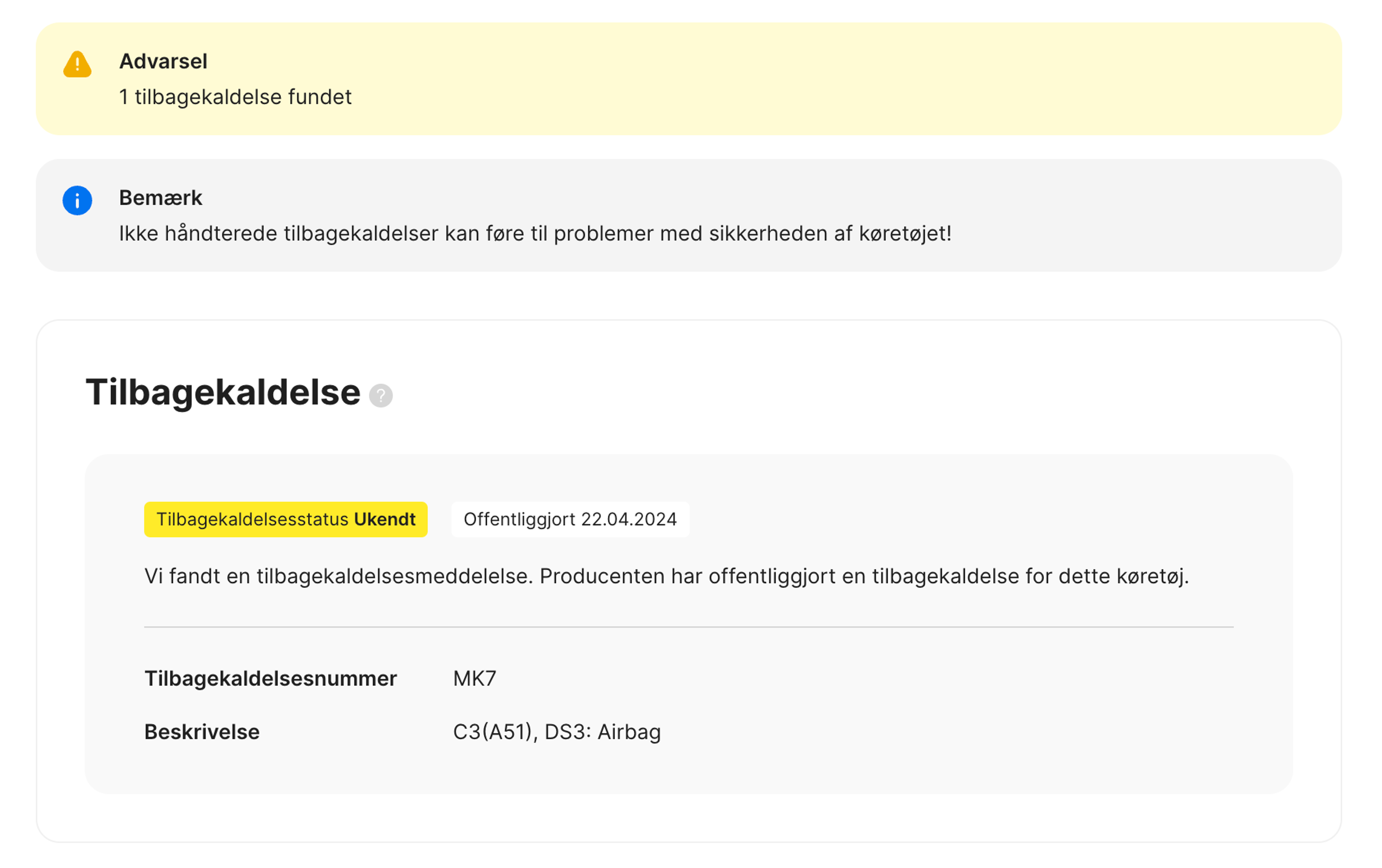 Tilbagekaldelse i carVertical rapport