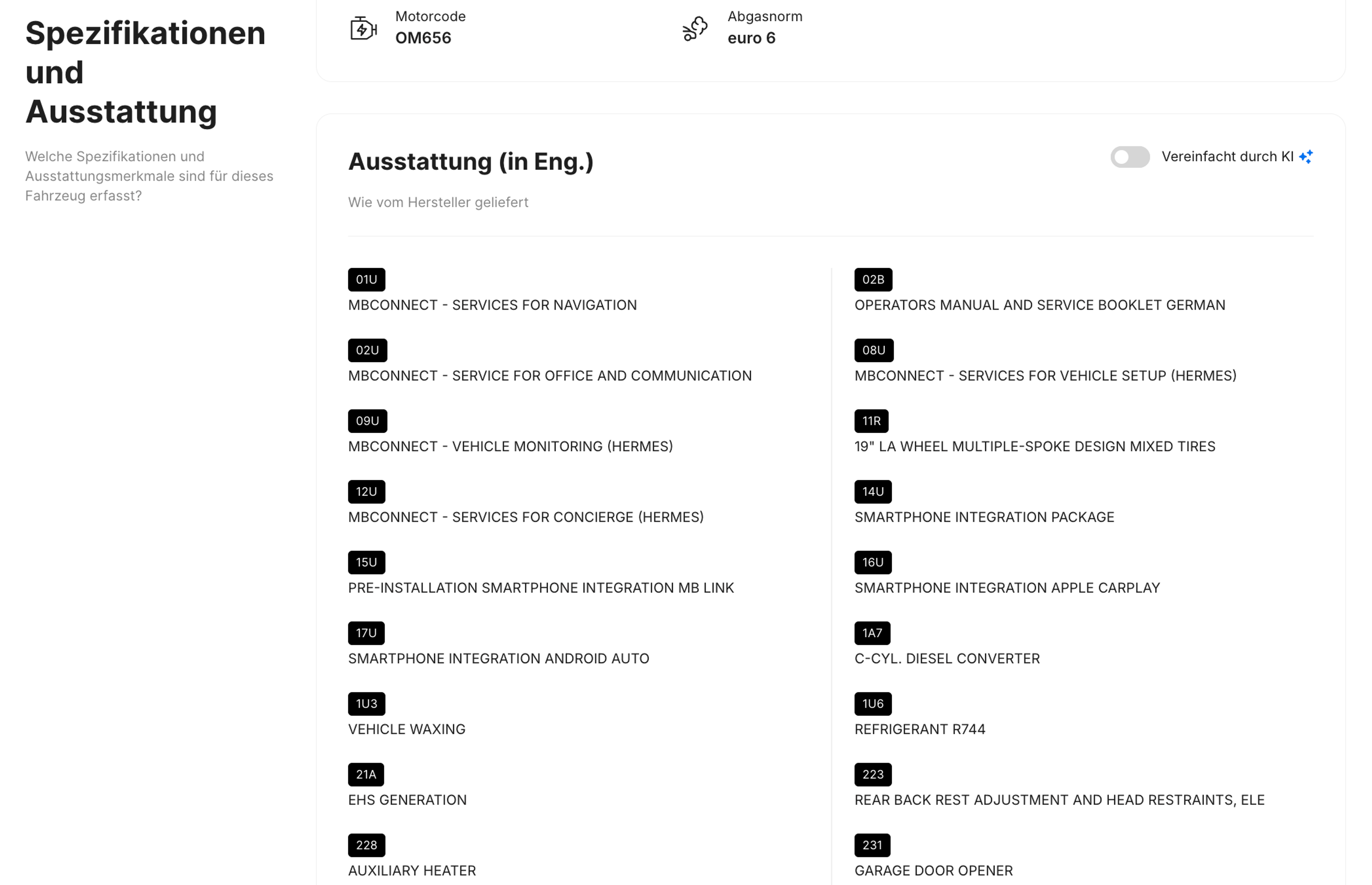 Liste der Originalausstattung des Fahrzeugs im carVertical-Bericht