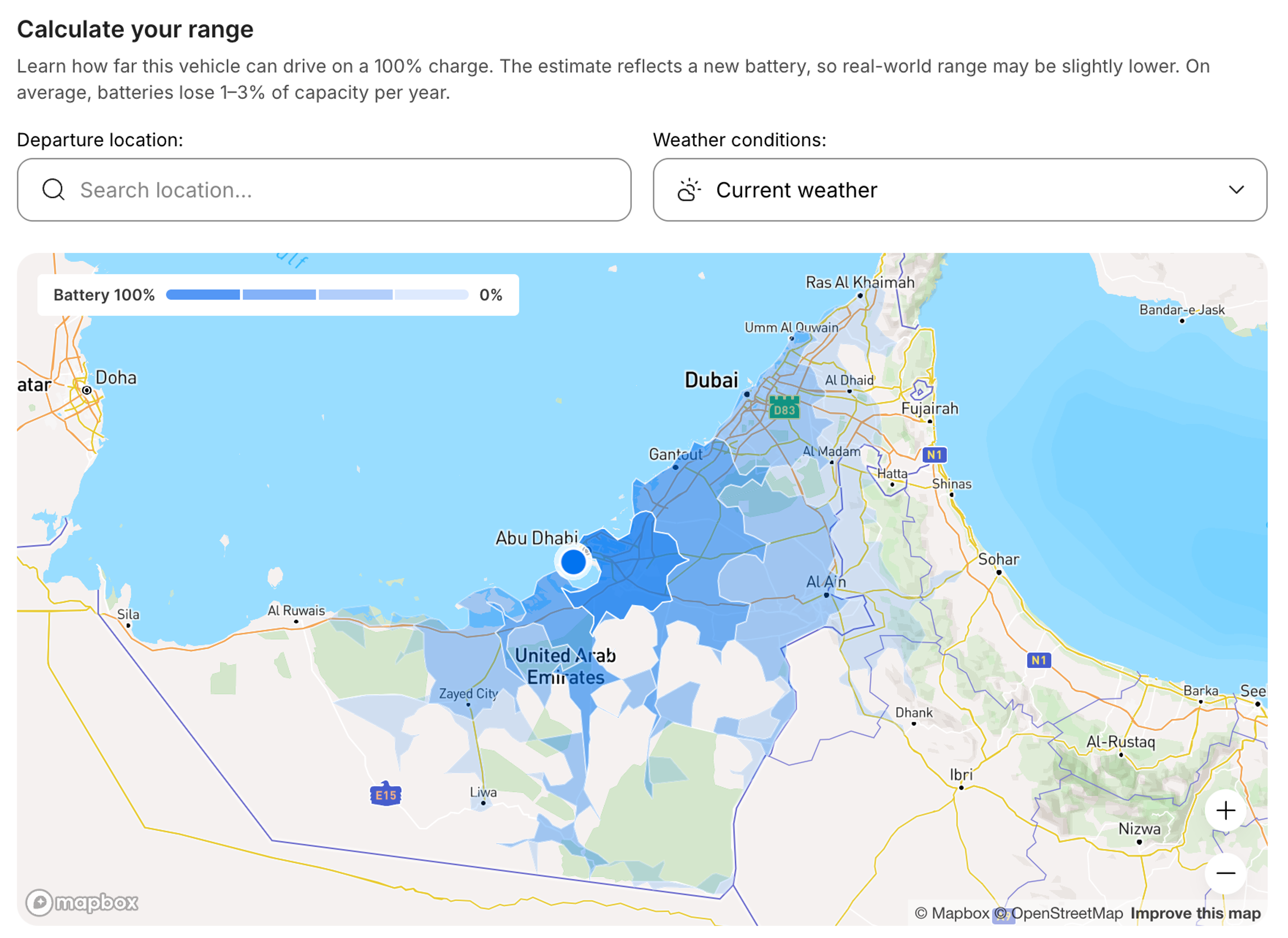 Interactive EV range map showing estimated driving distance