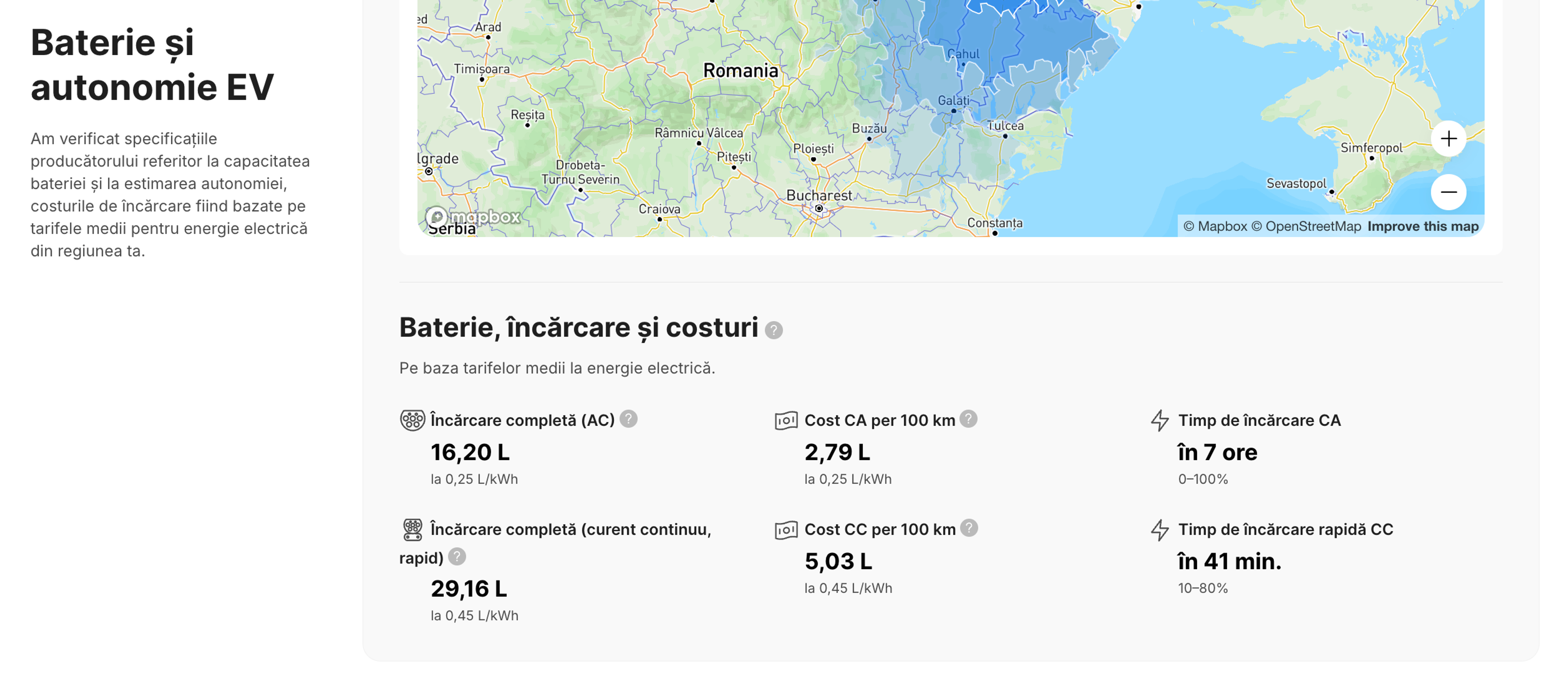Prezentarea timpului de încărcare a unui vehicul electric și a estimărilor costurilor într-un raport carVertical.