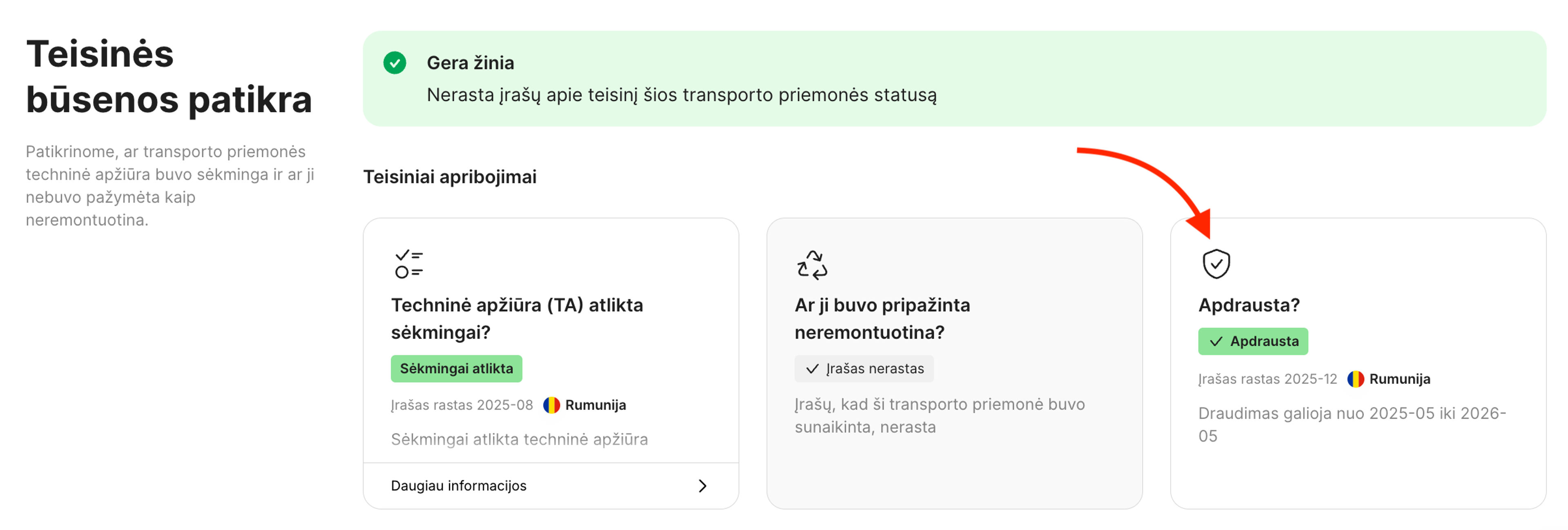 Draudimo langas Teisinės būsenos patikros skiltyje