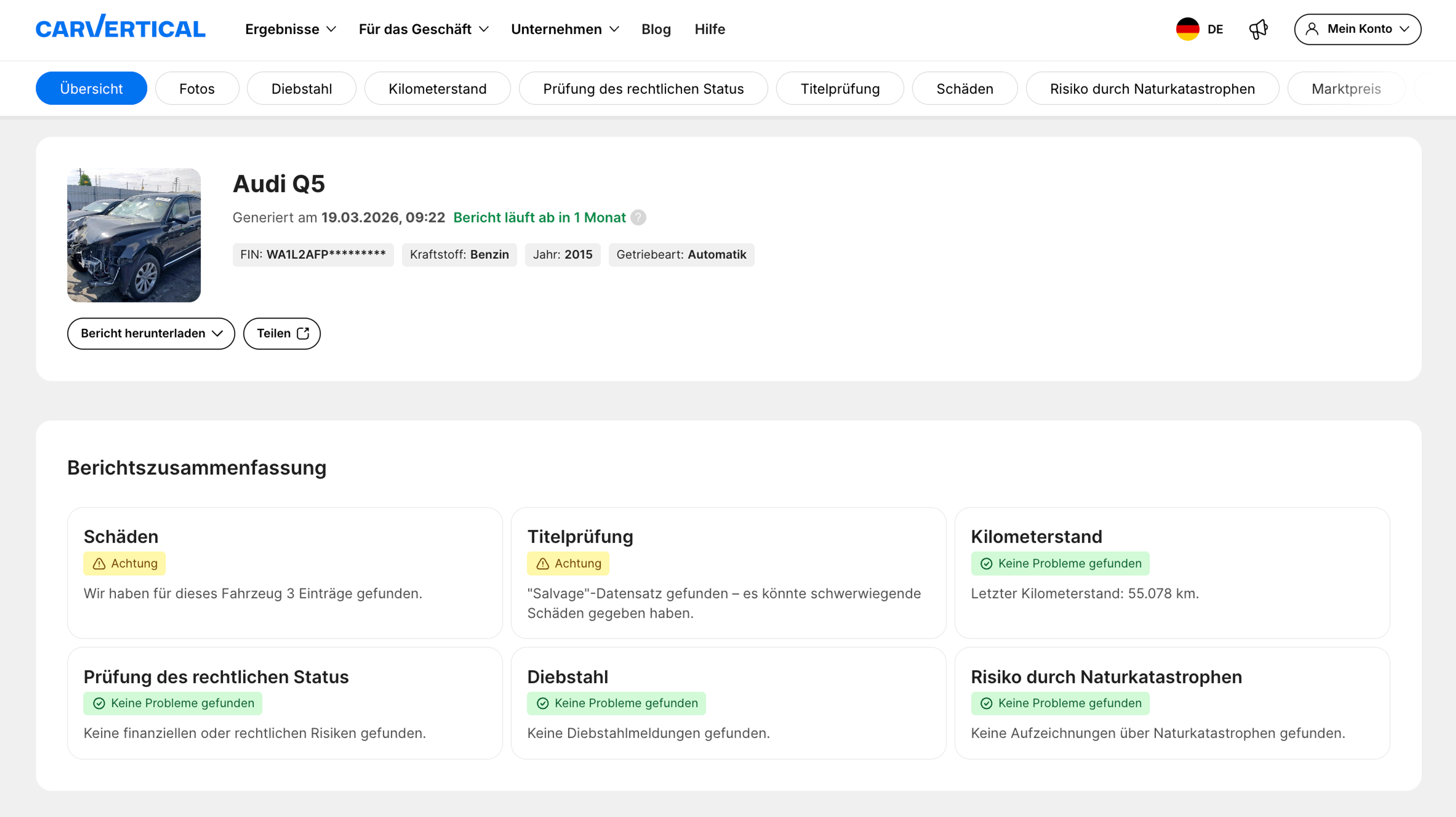 Zusammenfassung eines carVertical-Berichts