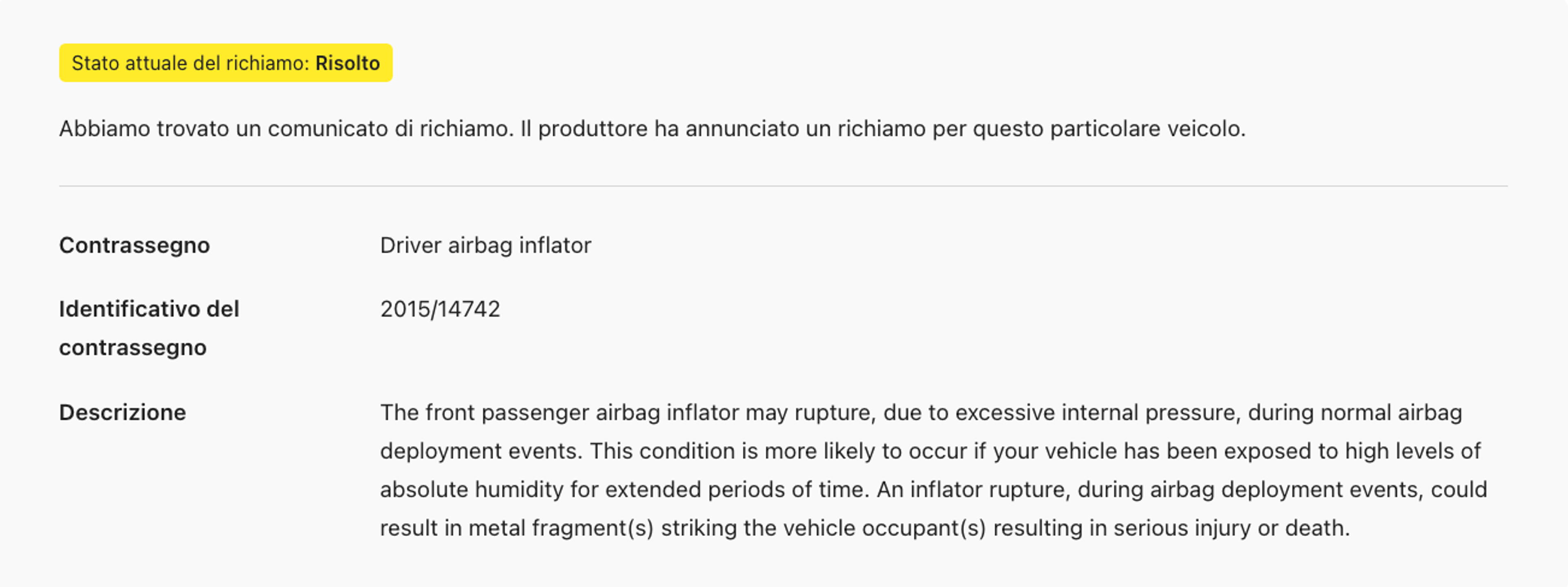 Descrizione completa del richiamo dell'auto