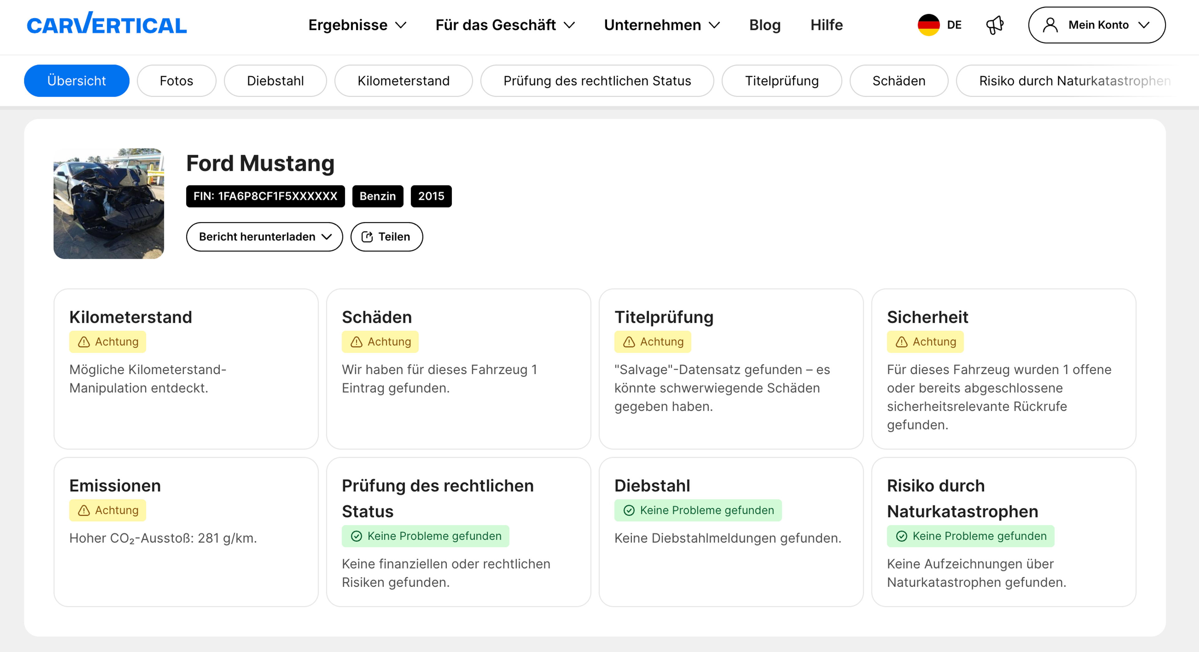 Zusammenfassung des carVertical-Berichts zur Fahrzeughistorie