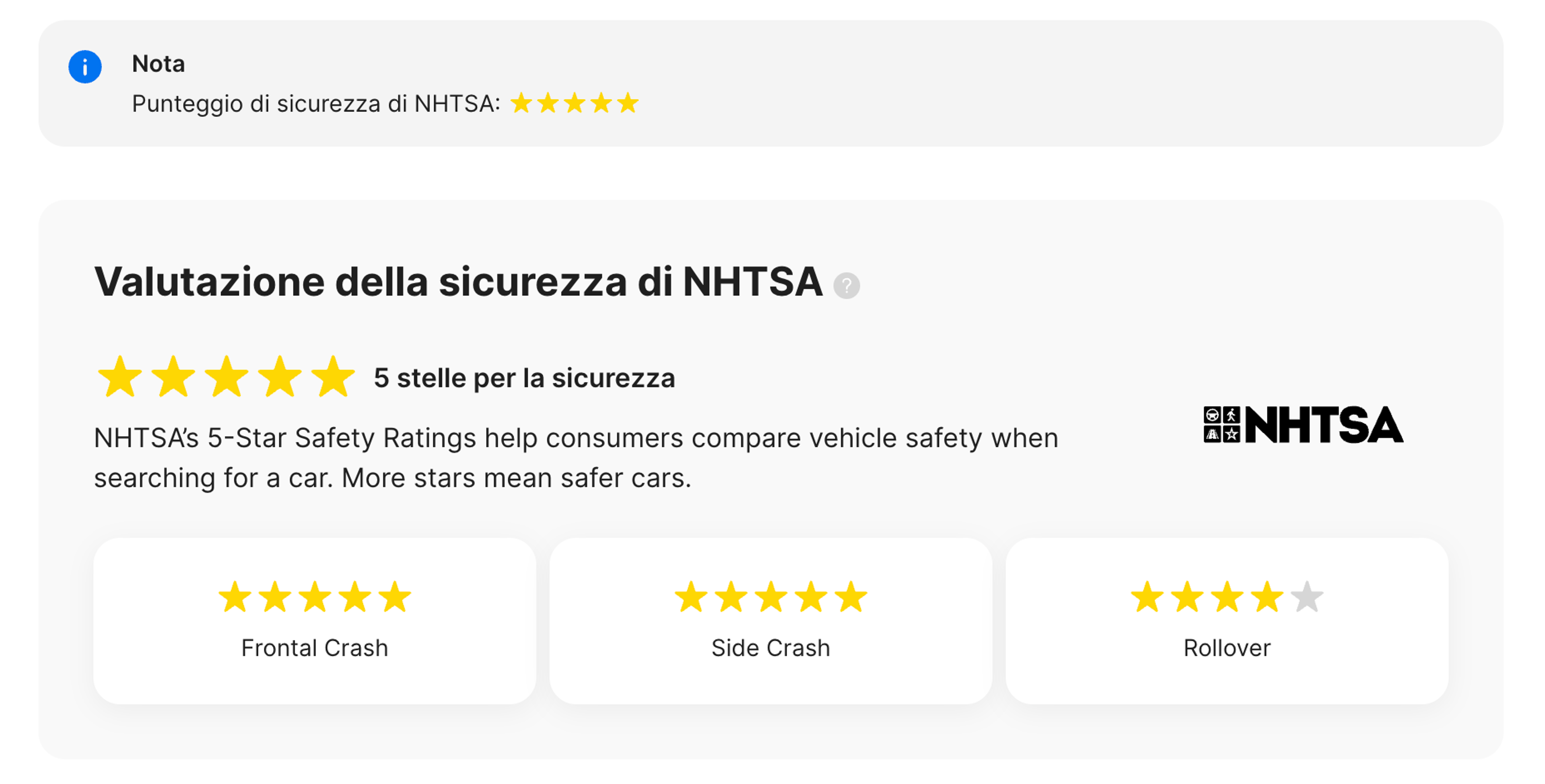 Sezione NHTSA nel rapporto carVertical