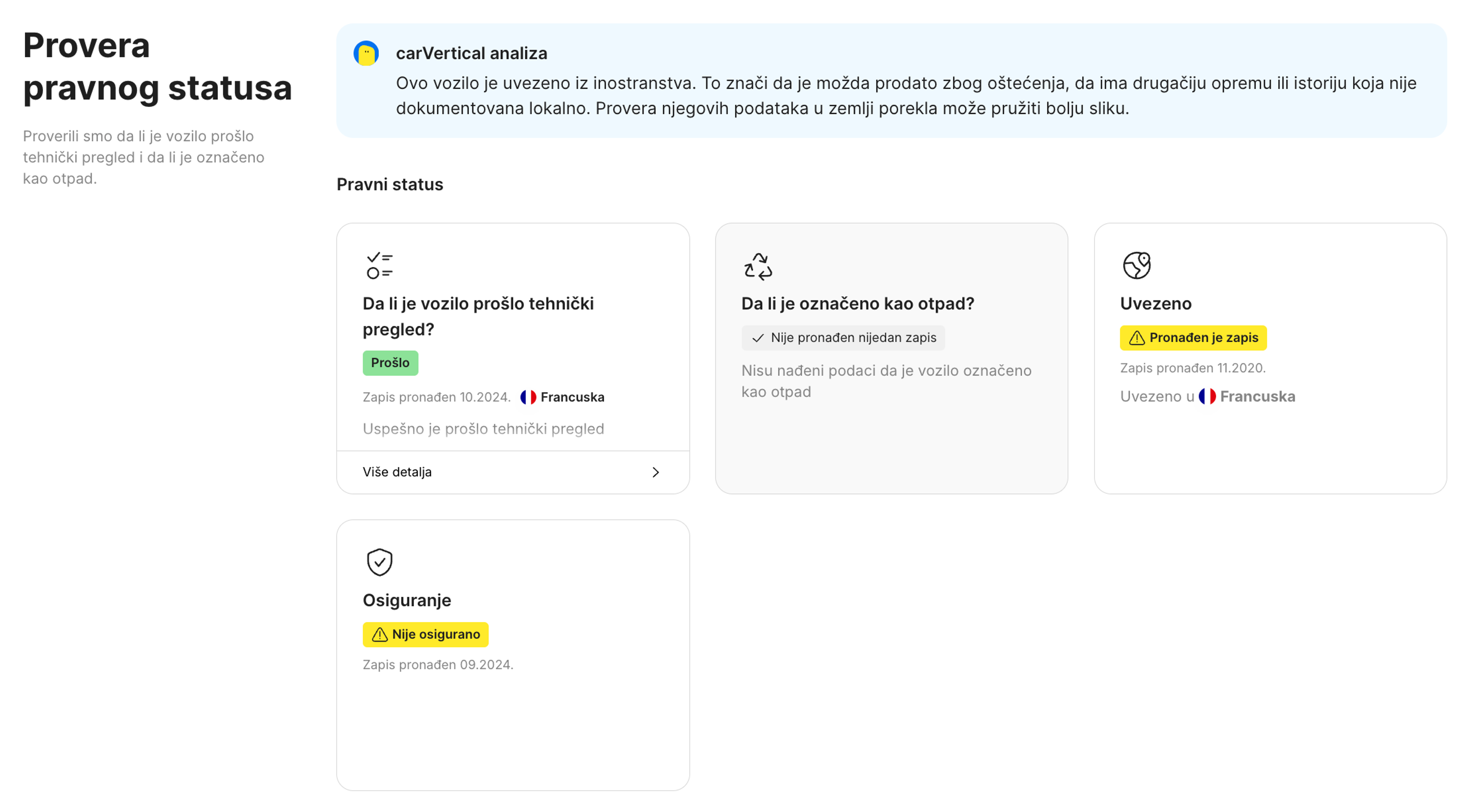Funkcija pravnog statusa u carVertical izveštaju