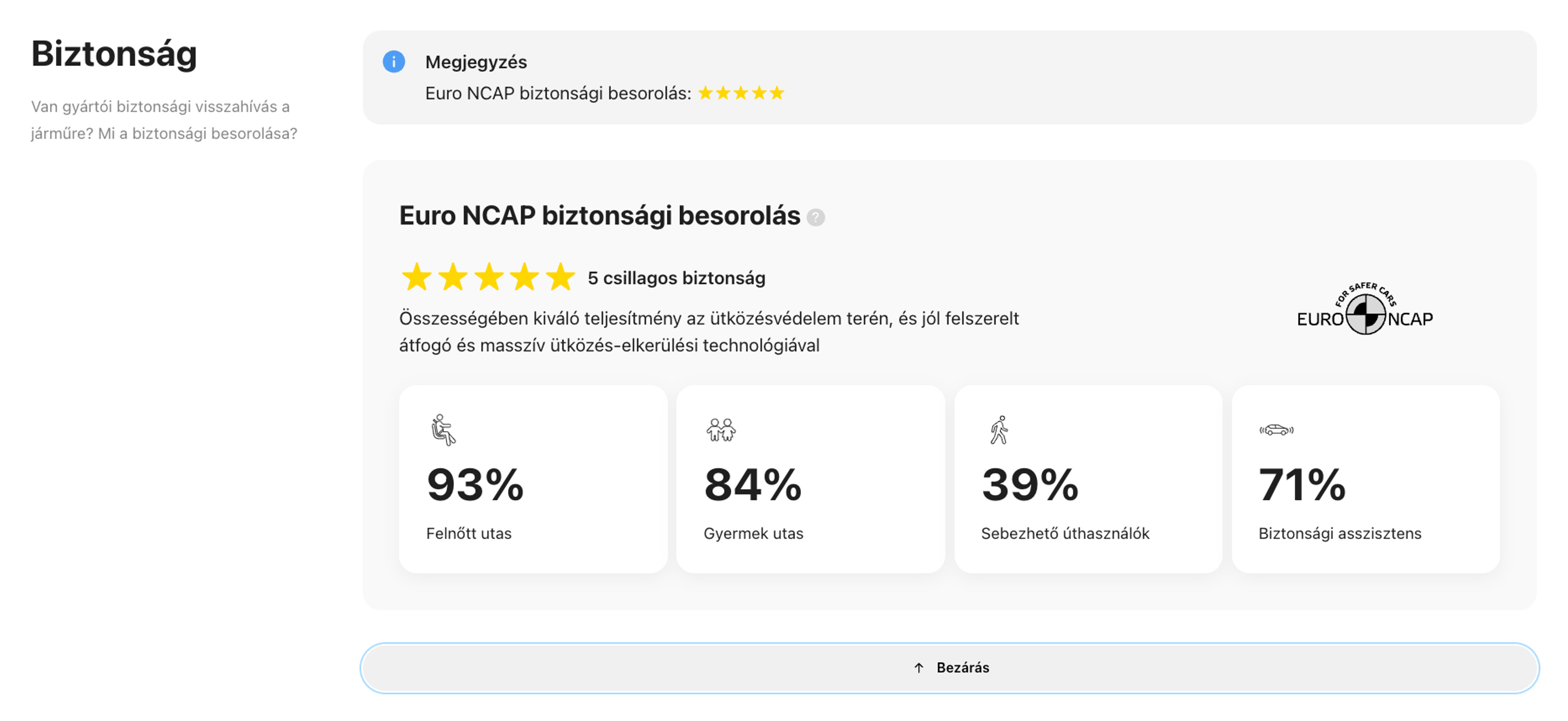 Biztonsági rész a carVertical járműtörténeti jelentésben