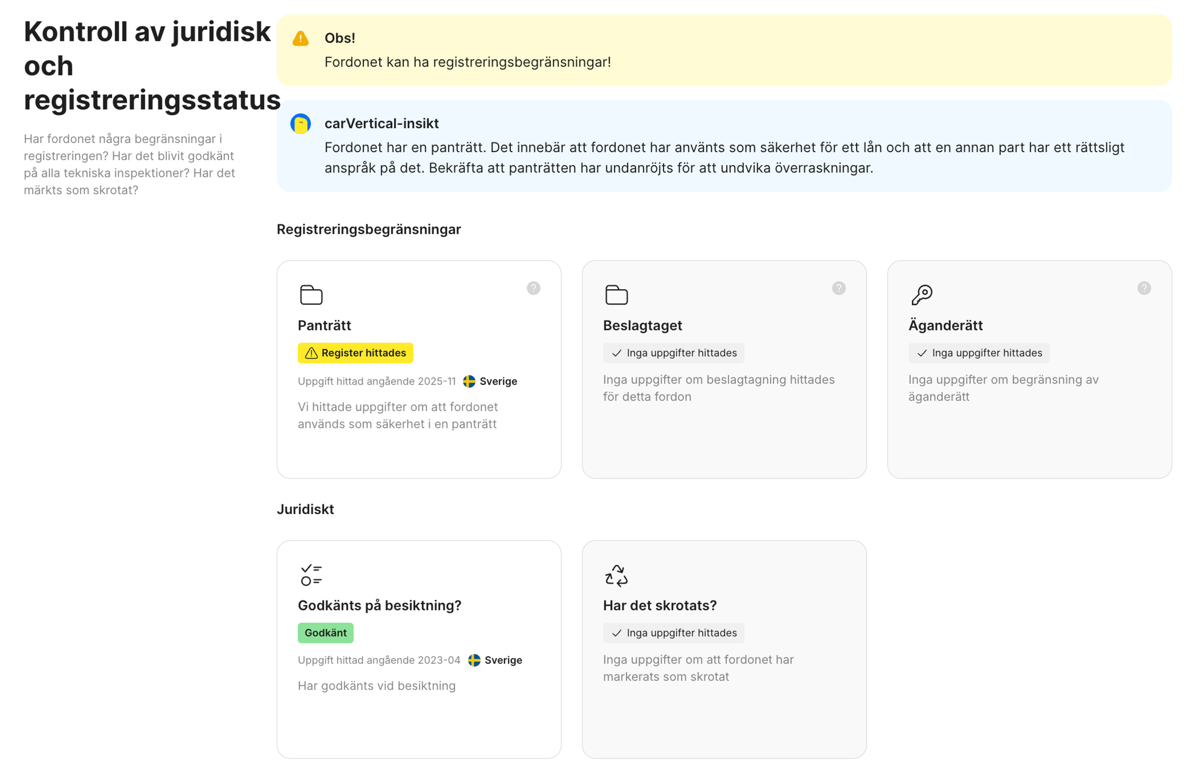 Funktion för registrerings- och juridisk status i carVertical-rapporten