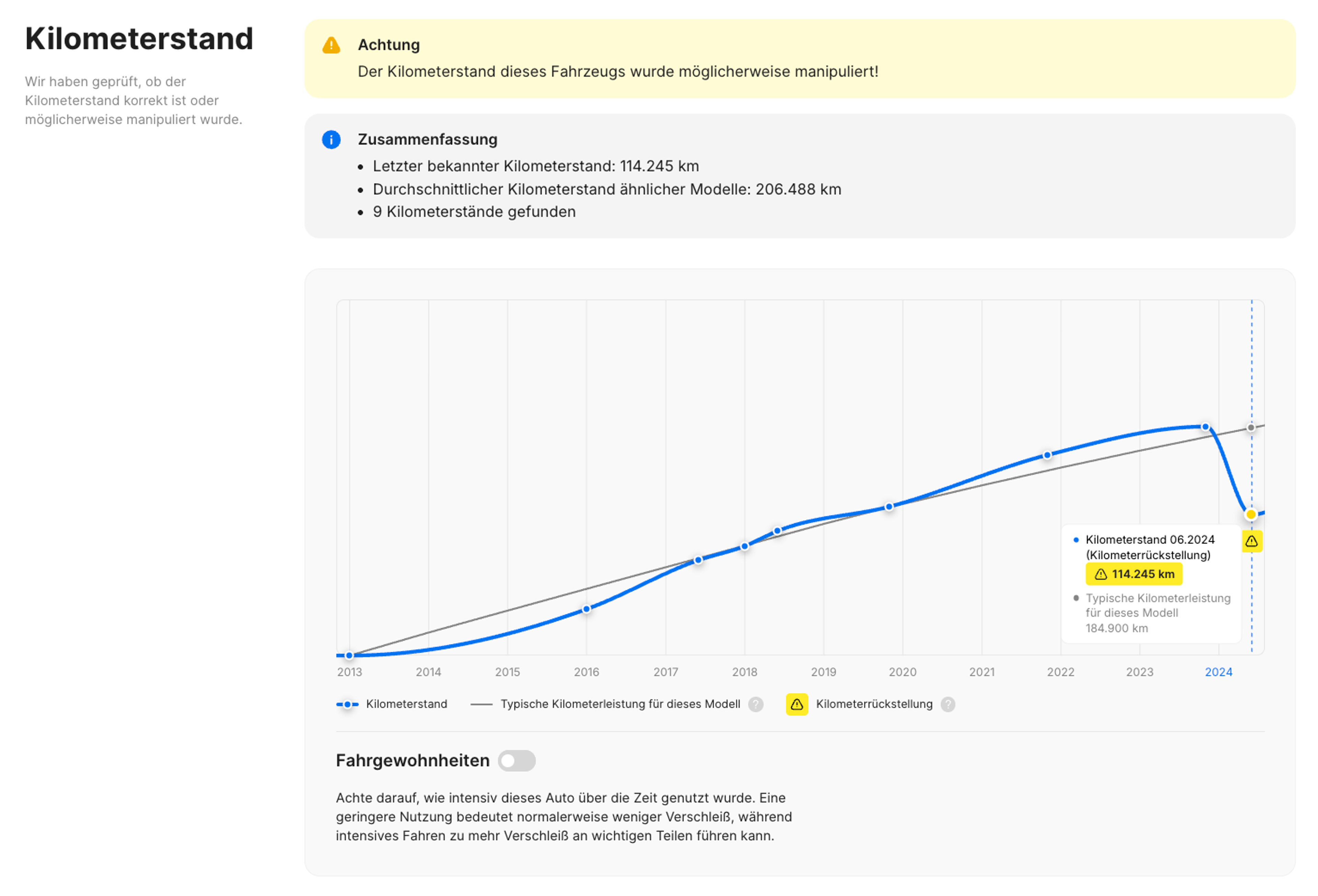 Festgestellte Tachomanipulation im carVertical-Bericht