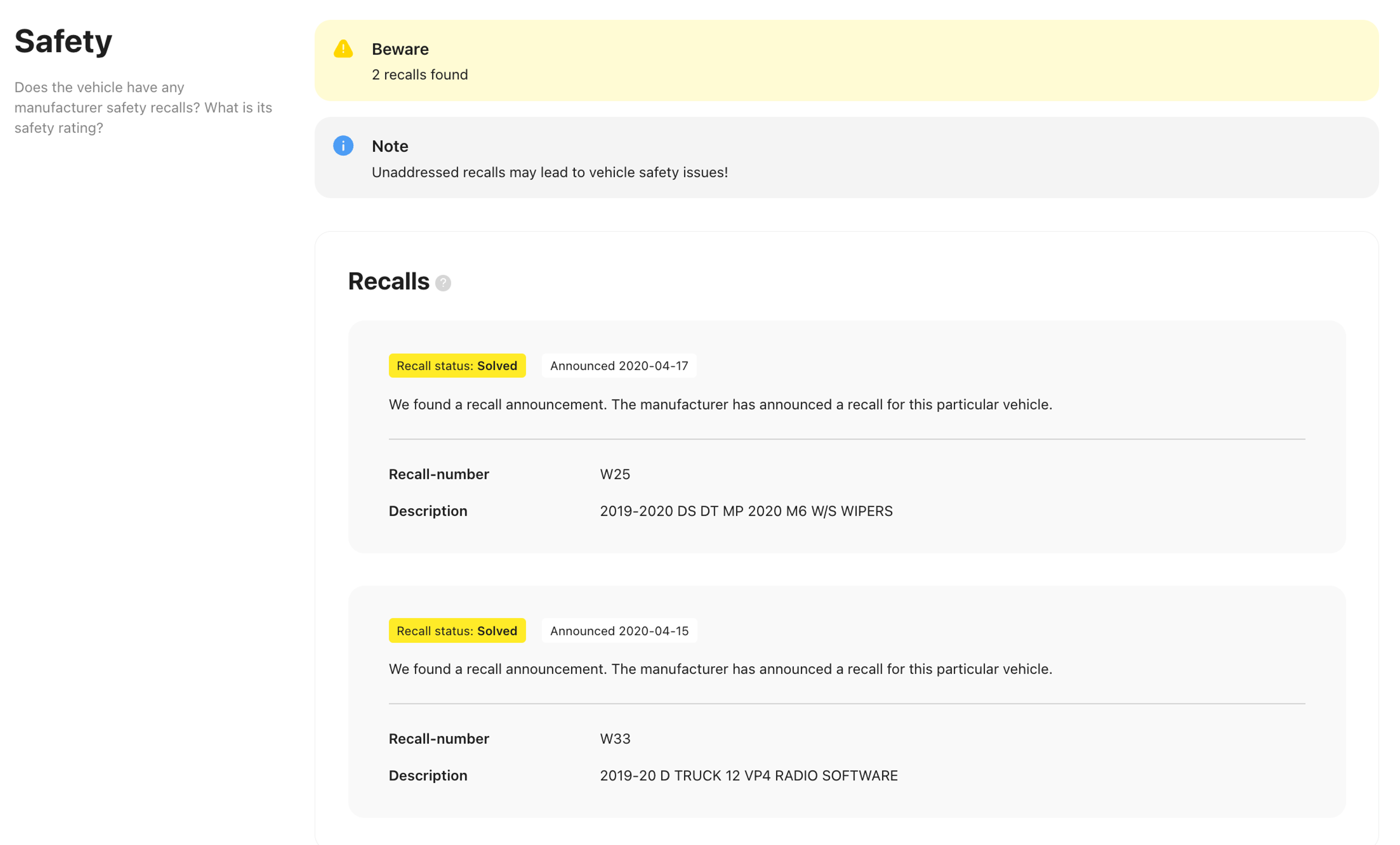 safety section in carVertical report