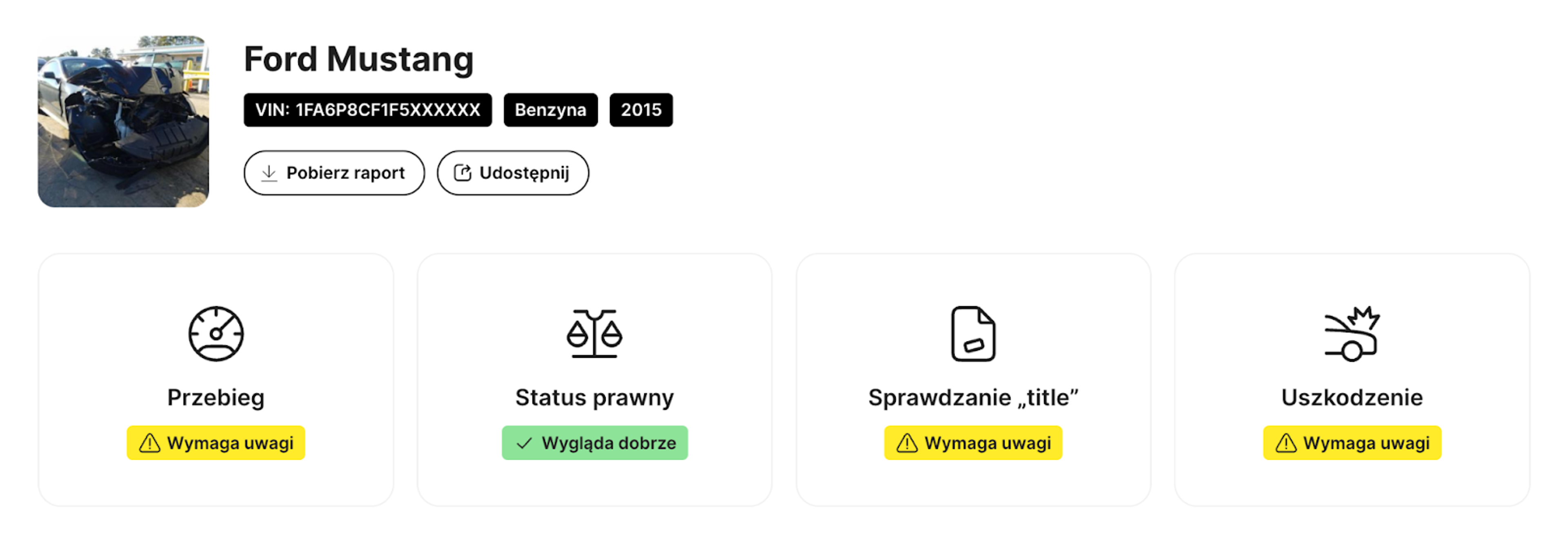 Sekcje raportu carVertical