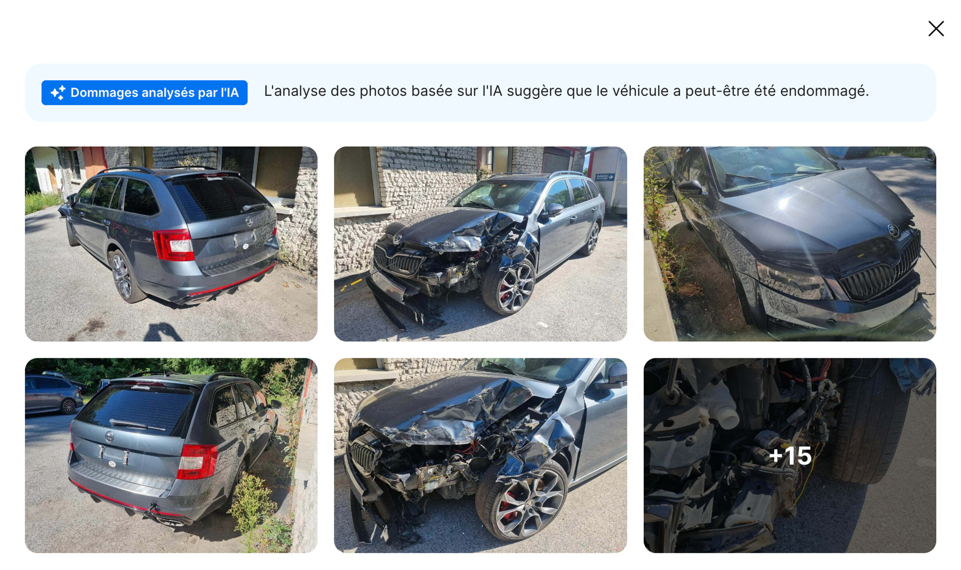 Galerie photo montrant une Škoda endommagée dans un rapport carVertical analysé par l’IA.
