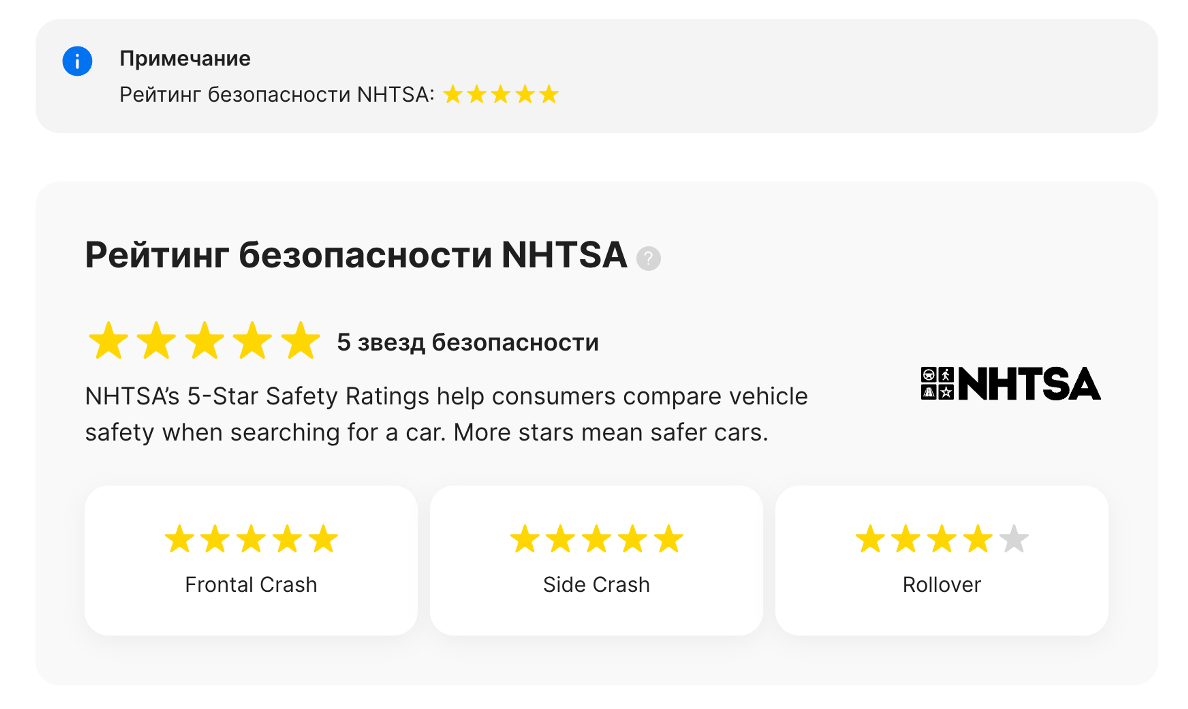 Раздел NHTSA в отчете carVertical