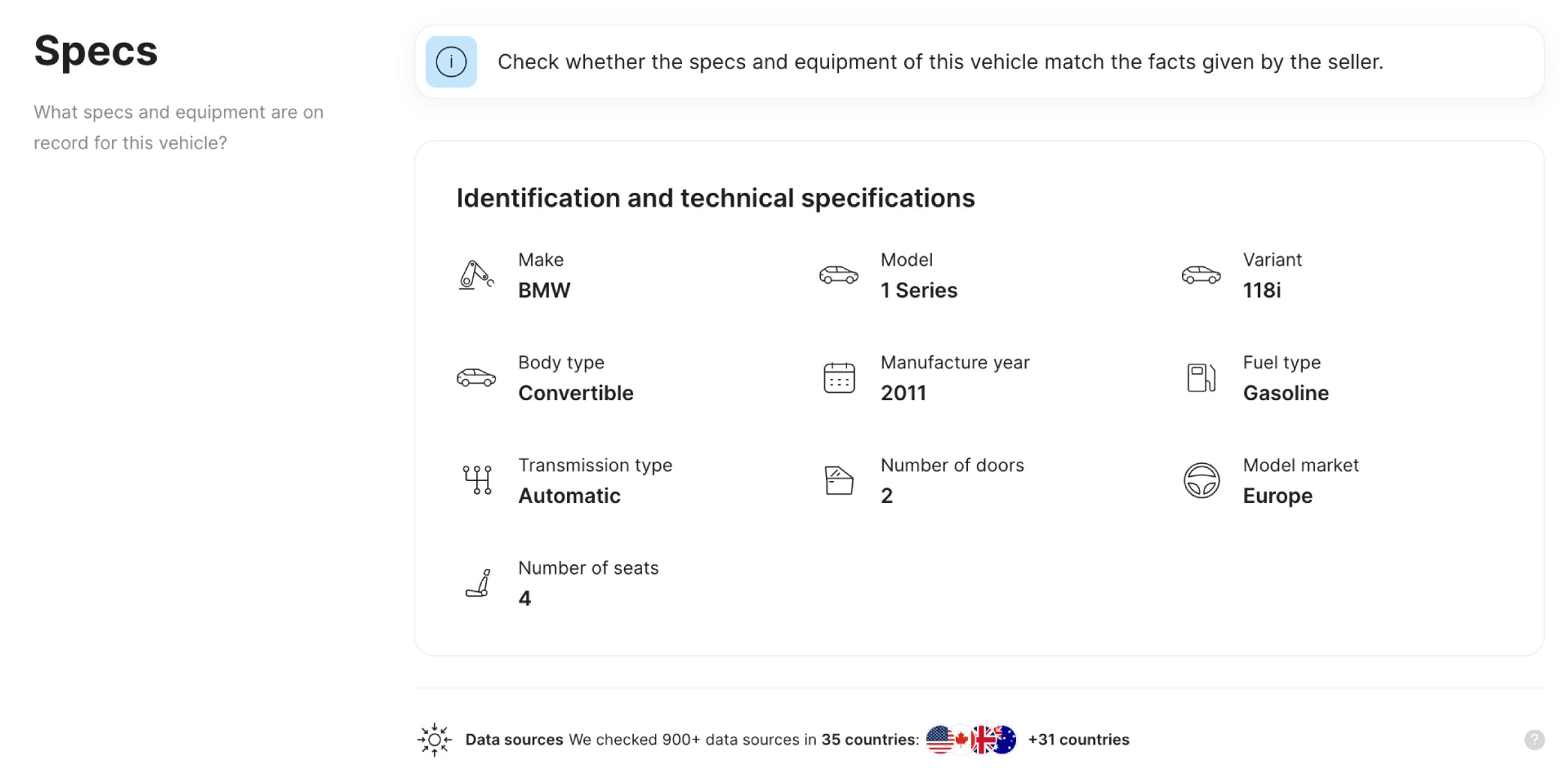 Specs section in carVertical's vehicle history report