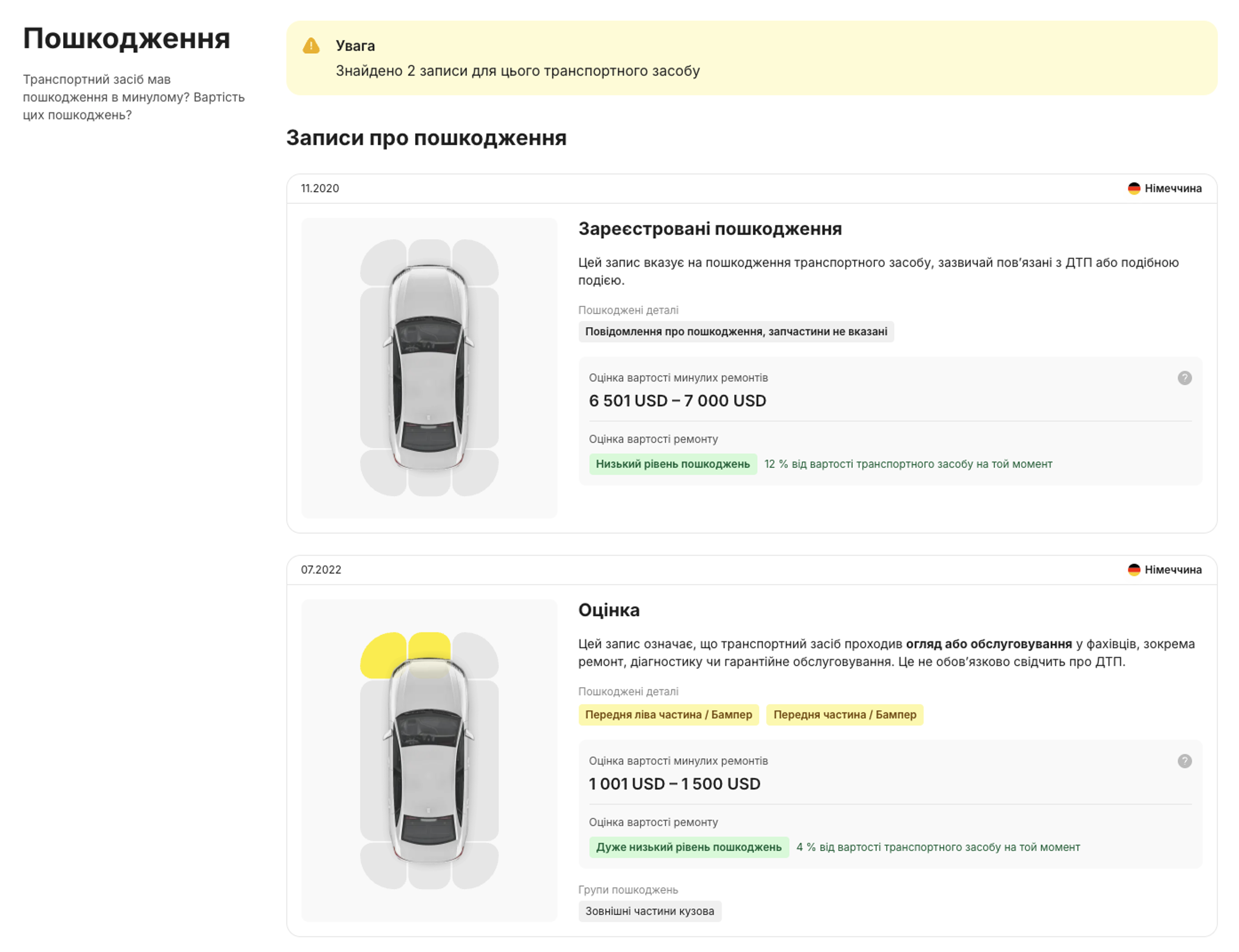 Записи про пошкодження у звіті від carVertical