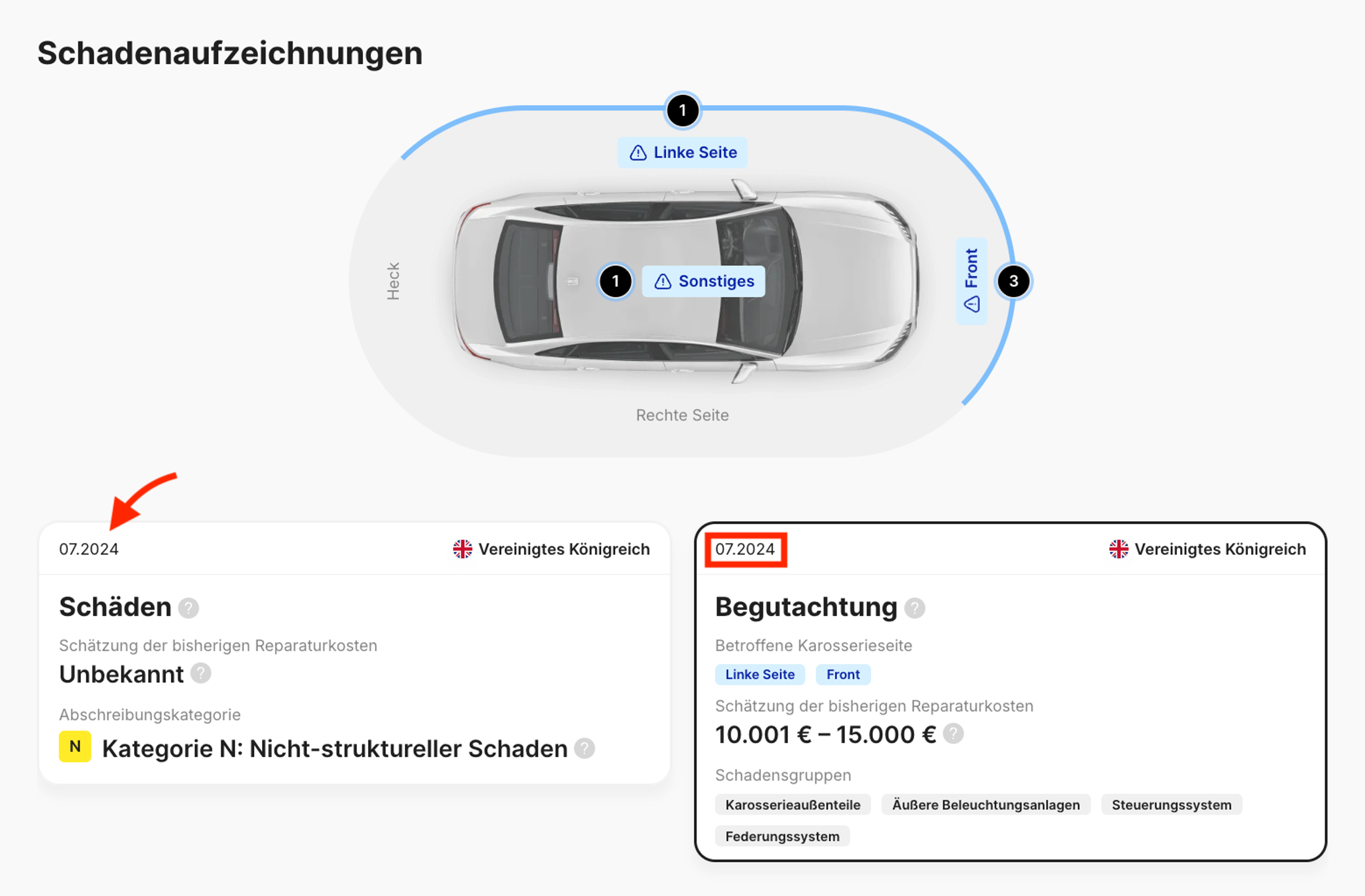 Schaden- und Gutachteneinträge im carVertical-Bericht