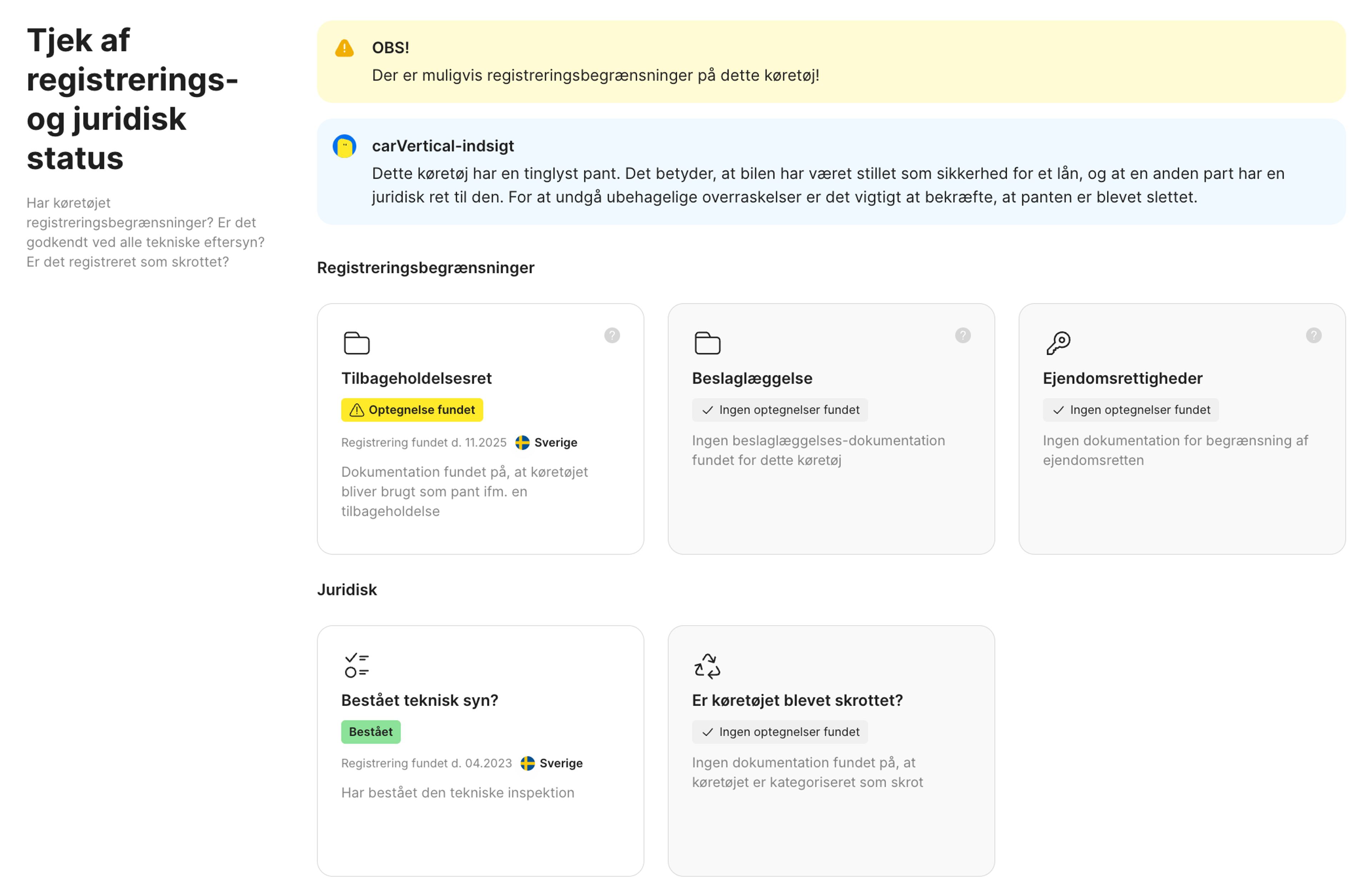 Funktion for registrerings- og juridisk status i carVertical-rapporten